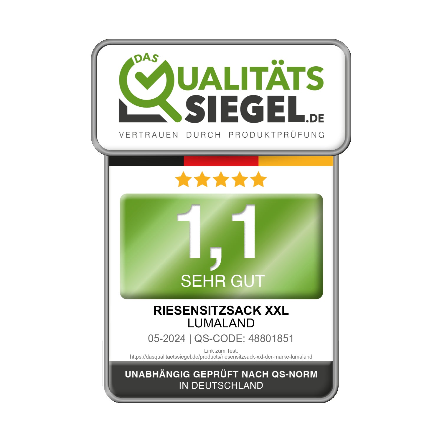 Qualitätssiegel für Sitzsack GIANT aus der Cord-Reihe - Beige mit Note 1,1 sehr gut, geprüft nach QS-Norm in Deutschland.
