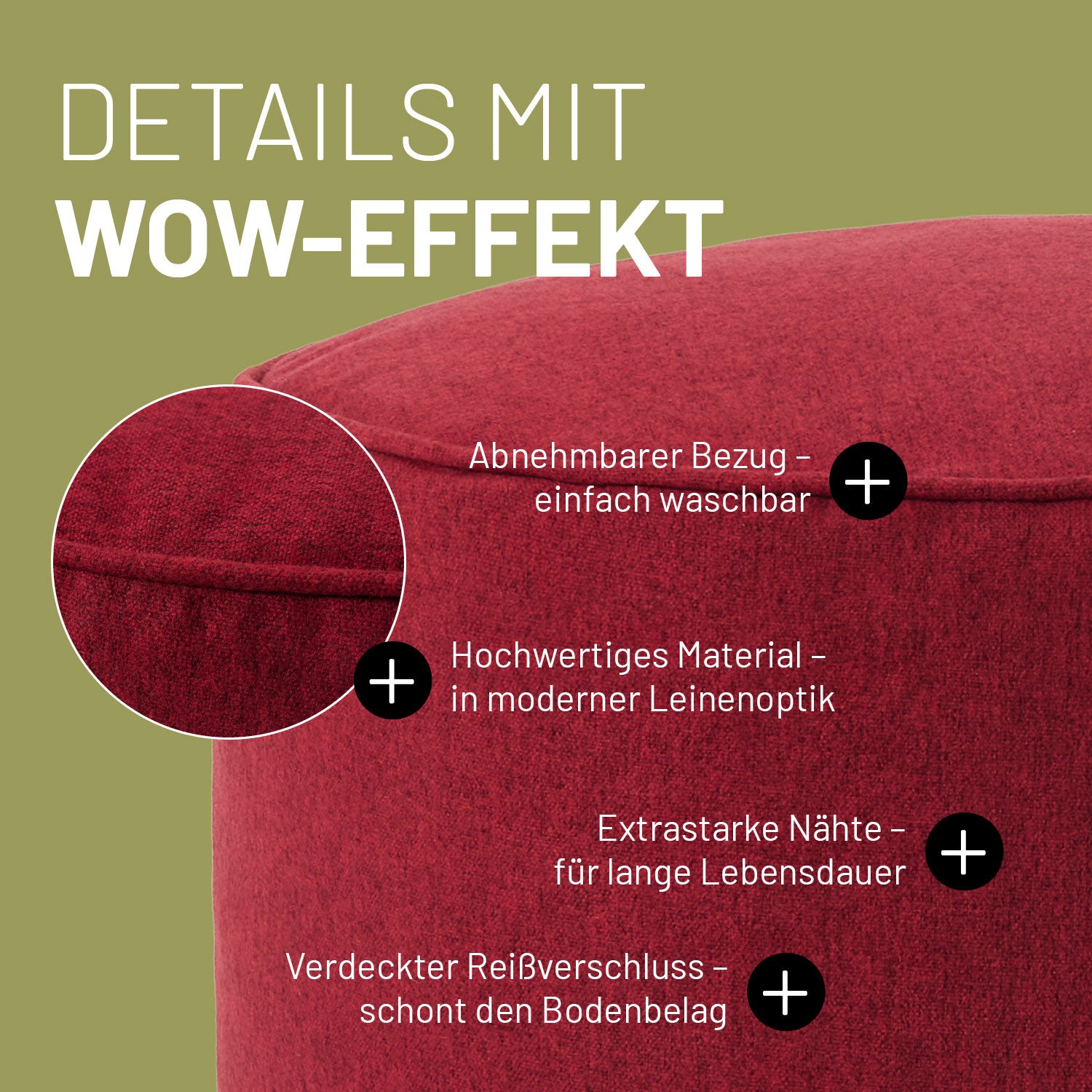 Comfort Line Sitzsack-Hocker/Pouf (50 L) in Rot mit abnehmbarem Bezug, hochwertigem Material und extrastarken Nähten für Indoor-Nutzung.