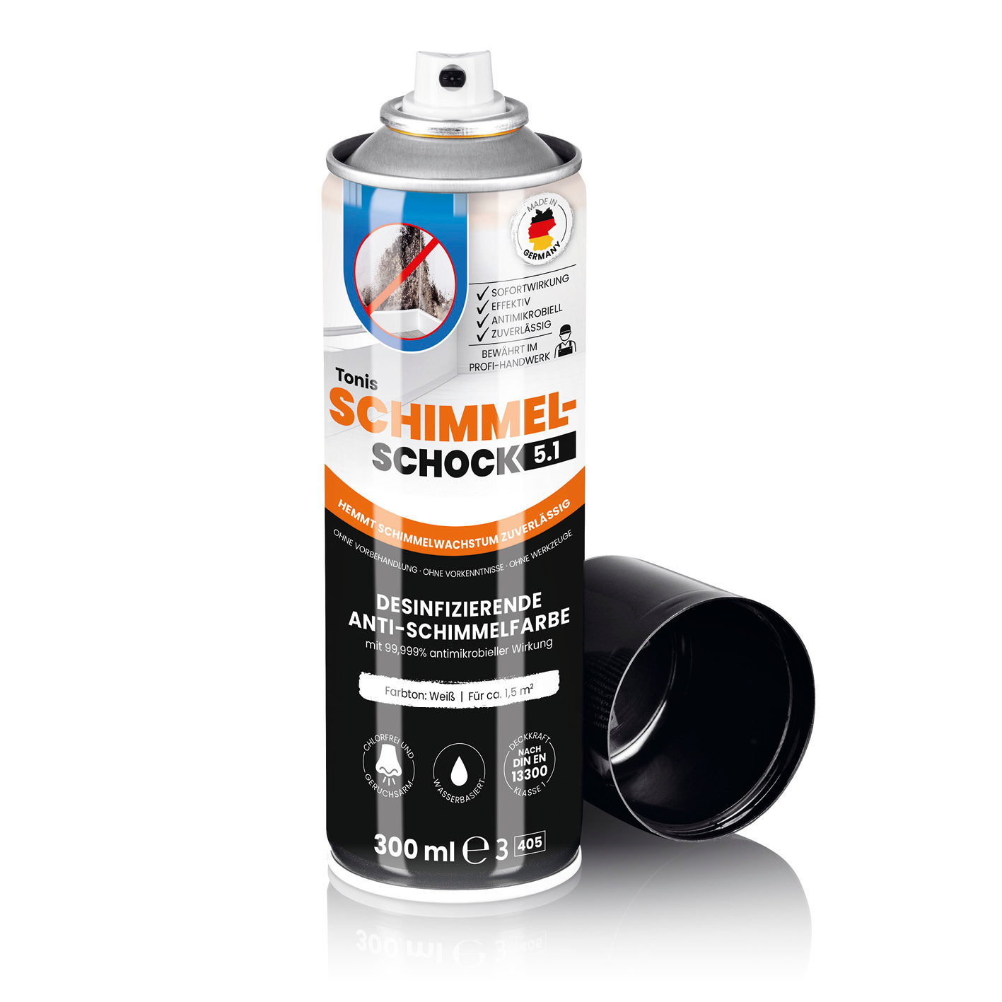 Tonis SCHIMMELSCHOCK 5.1 Anti-Schimmel-Farbe Spraydose, weiß, chlorfrei, geruchsarm, 300 ml zur Beseitigung von Schimmelflecken.