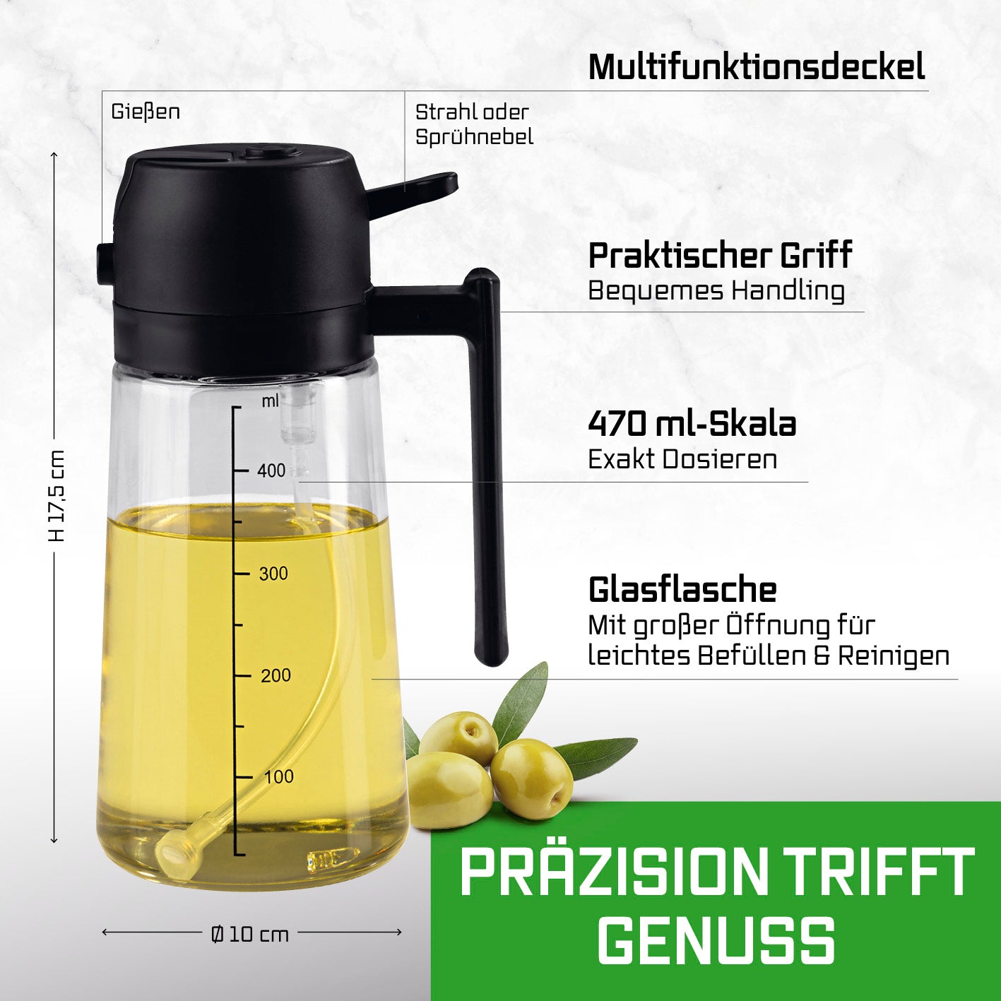 2-in-1 Ölsprüher & -spender – 470 ml mit Multifunktionsdeckel, praktischem Griff und exakter 470 ml Skala für präzises Dosieren.