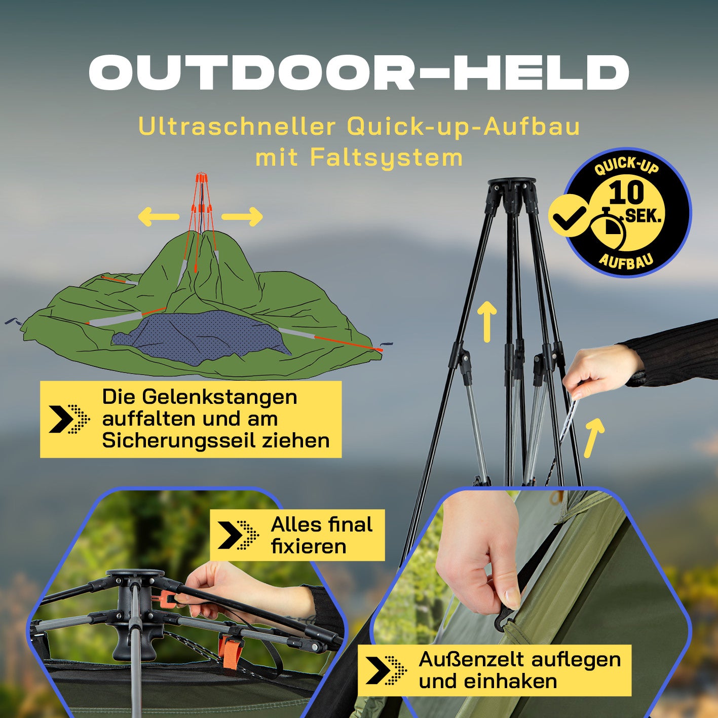 Pop-up-Wurfzelt mit ultraschnellem Quick-up-Aufbau in 10 Sekunden durch klappbare Gelenkstangen und Faltsystem.