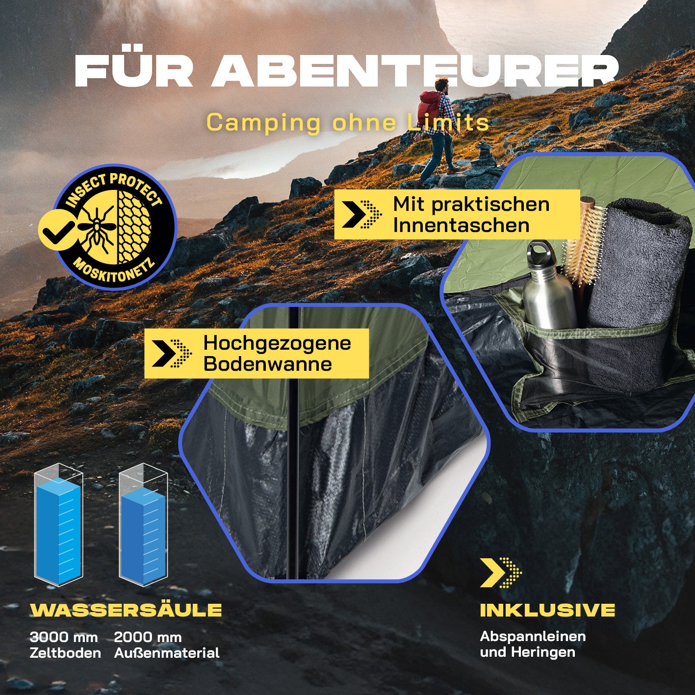 Pop-up-Wurfzelt mit praktischem Innenfach, hochgezogener Bodenwanne und integriertem Moskitonetz für Outdoor-Abenteuer.
