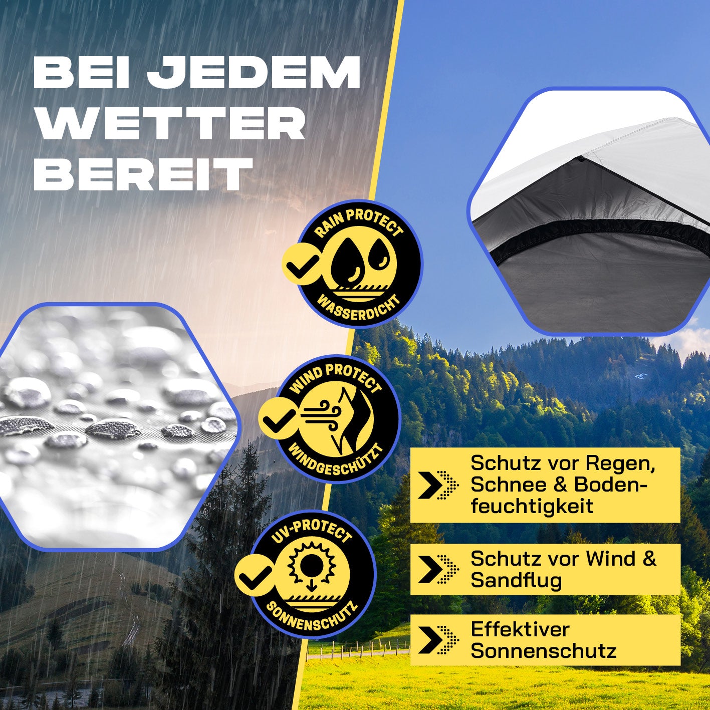 Pop-up-Wurfzelt mit Kühl- & Verdunklungseffekt schützt vor Regen, Wind, Sonne sowie Schnee und Bodenfeuchtigkeit.
