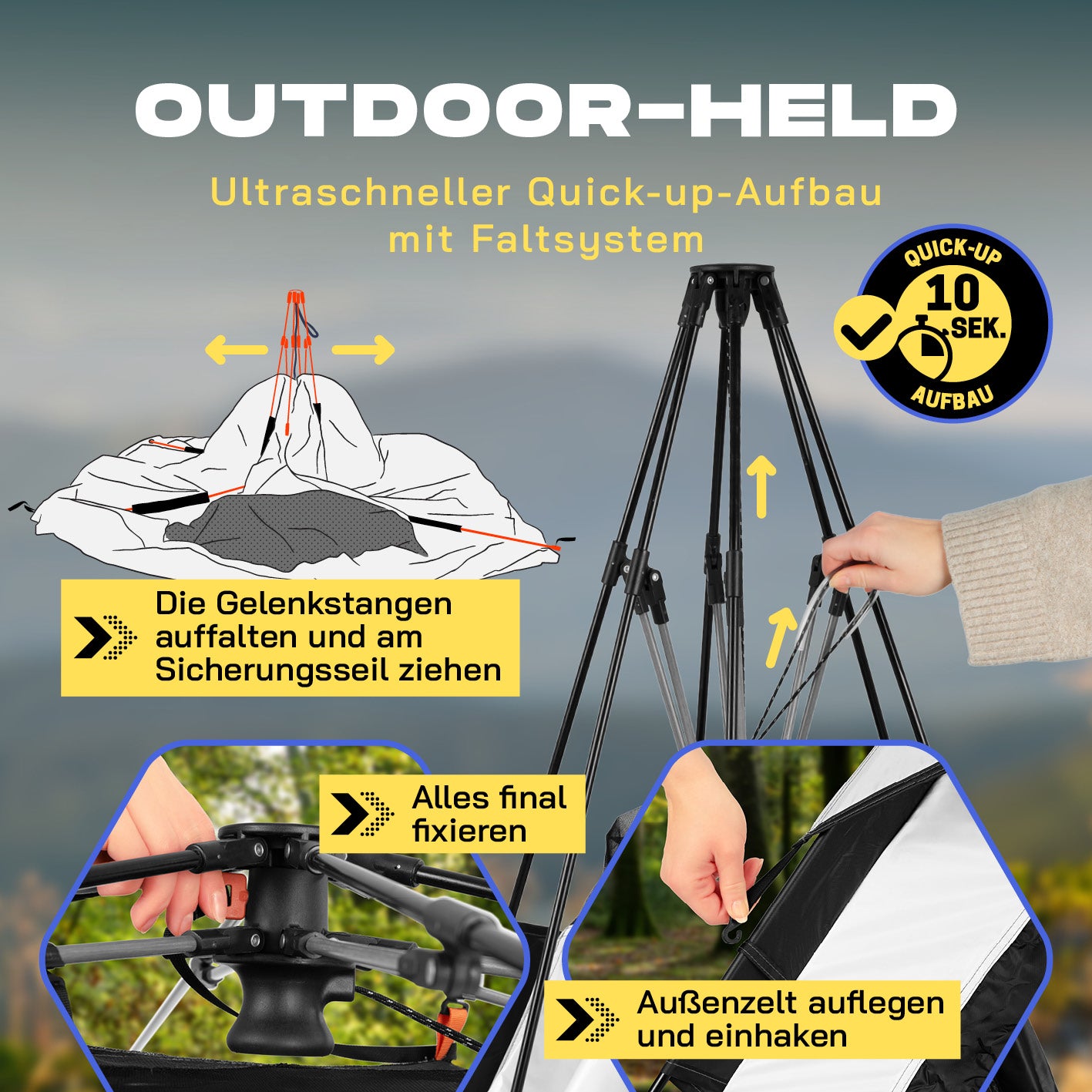 Pop-up-Wurfzelt mit Kühl- & Verdunklungseffekt zeigt schnellen Aufbau mit Gelenkstangen und flexiblen Sicherungen im Outdoor-Einsatz.