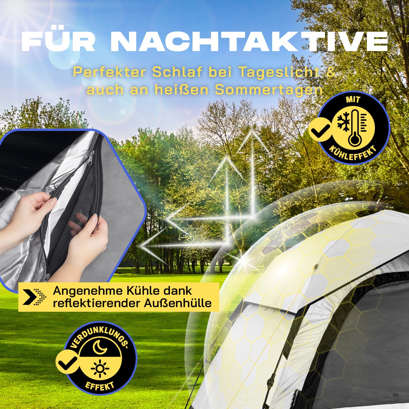 Pop-up-Wurfzelt mit Kühl- & Verdunklungseffekt für angenehme Kühle und Verdunklung auch bei Tageslicht und heißen Sommertagen.