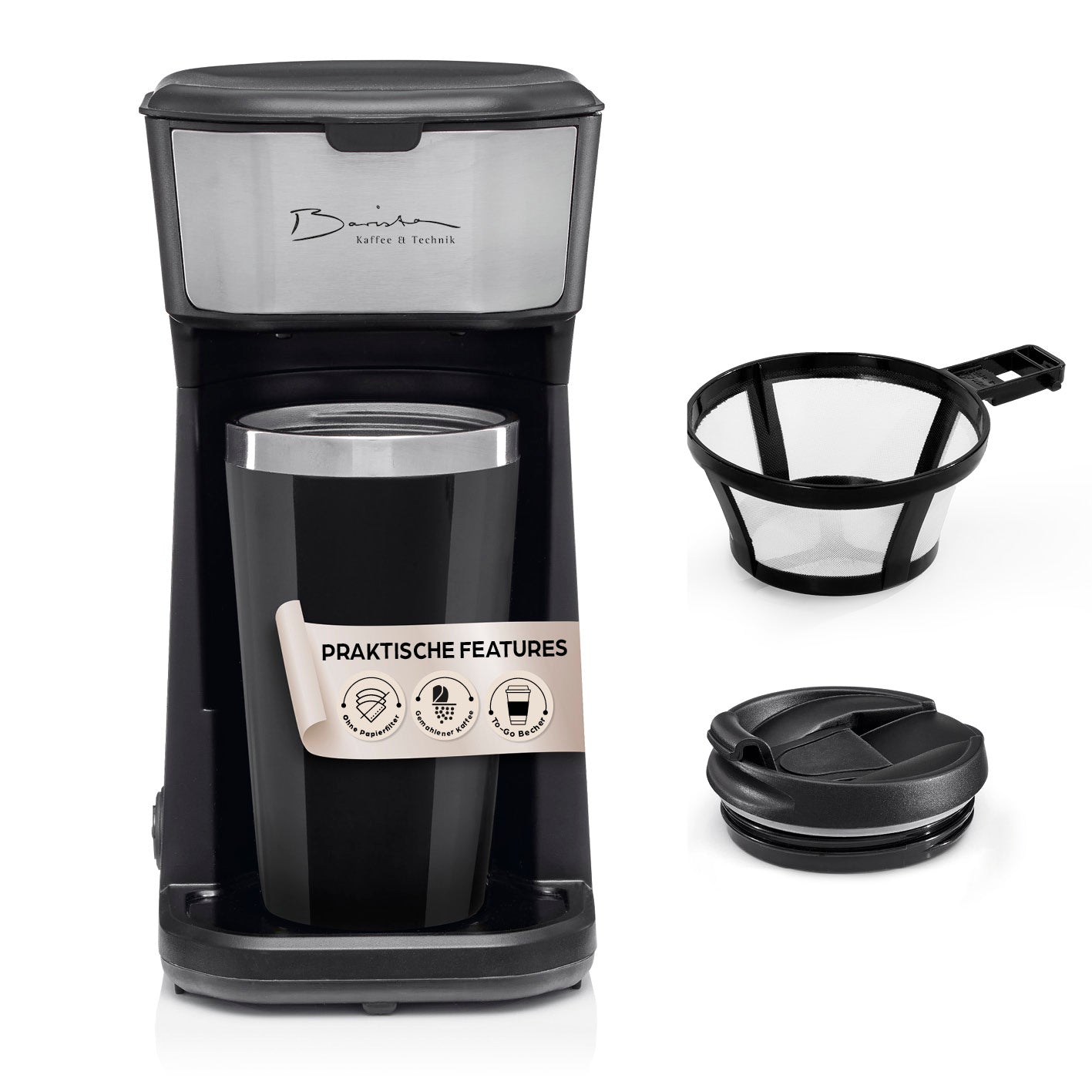 Single-Kaffeemaschine - 450 W mit wiederverwendbarem Filter und To-Go-Becher, quadratisches Bild, Galerieposition 1, 1417x1417px.