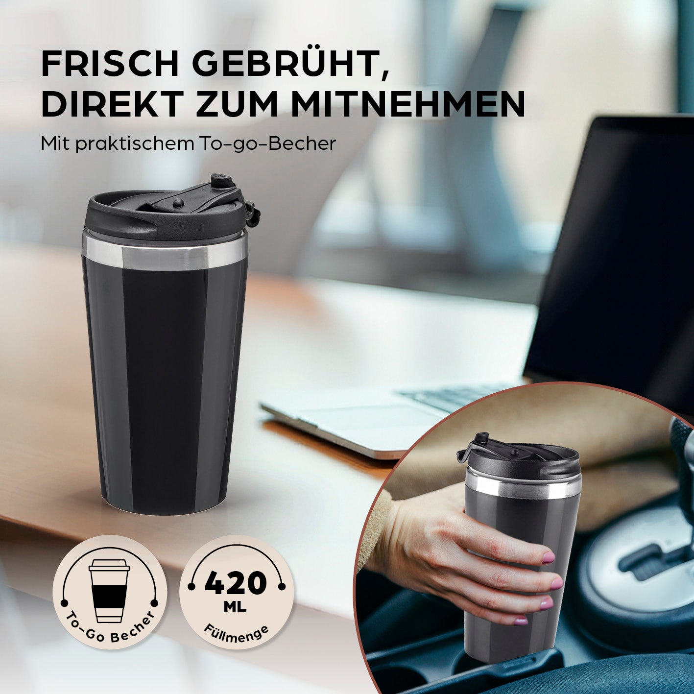 Single-Kaffeemaschine - 450 W mit praktischem To-Go-Becher, 420 ml Fassungsvermögen, Bild 2 in quadratischem Format 1417x1417 px
