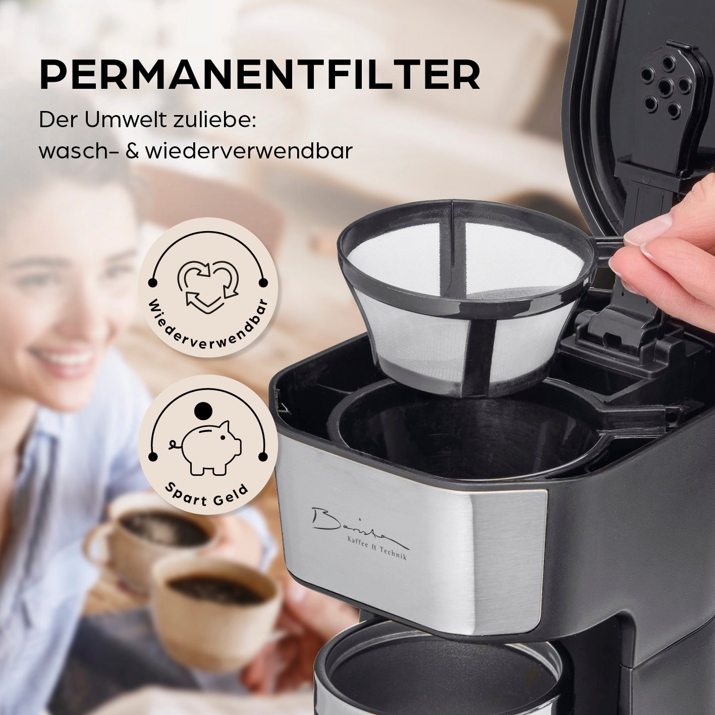 Single-Kaffeemaschine - 450 W mit wiederverwendbarem Permanentfilter, Nahaufnahme Galerieposition 4, quadratisches Bild 1417x1417px.