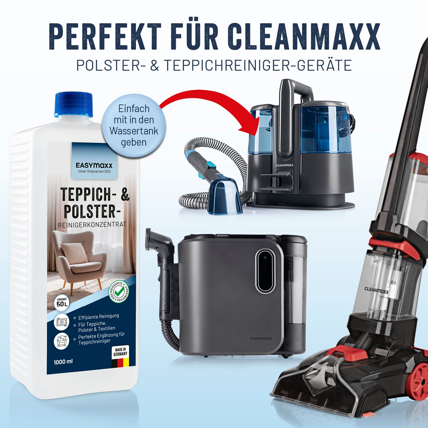 Teppich- & Polsterreiniger-Konzentrat - 1 Liter, geeignet für Cleanmaxx Teppichreiniger, kraftvoll gegen Flecken und geruchlos, made in Germany.