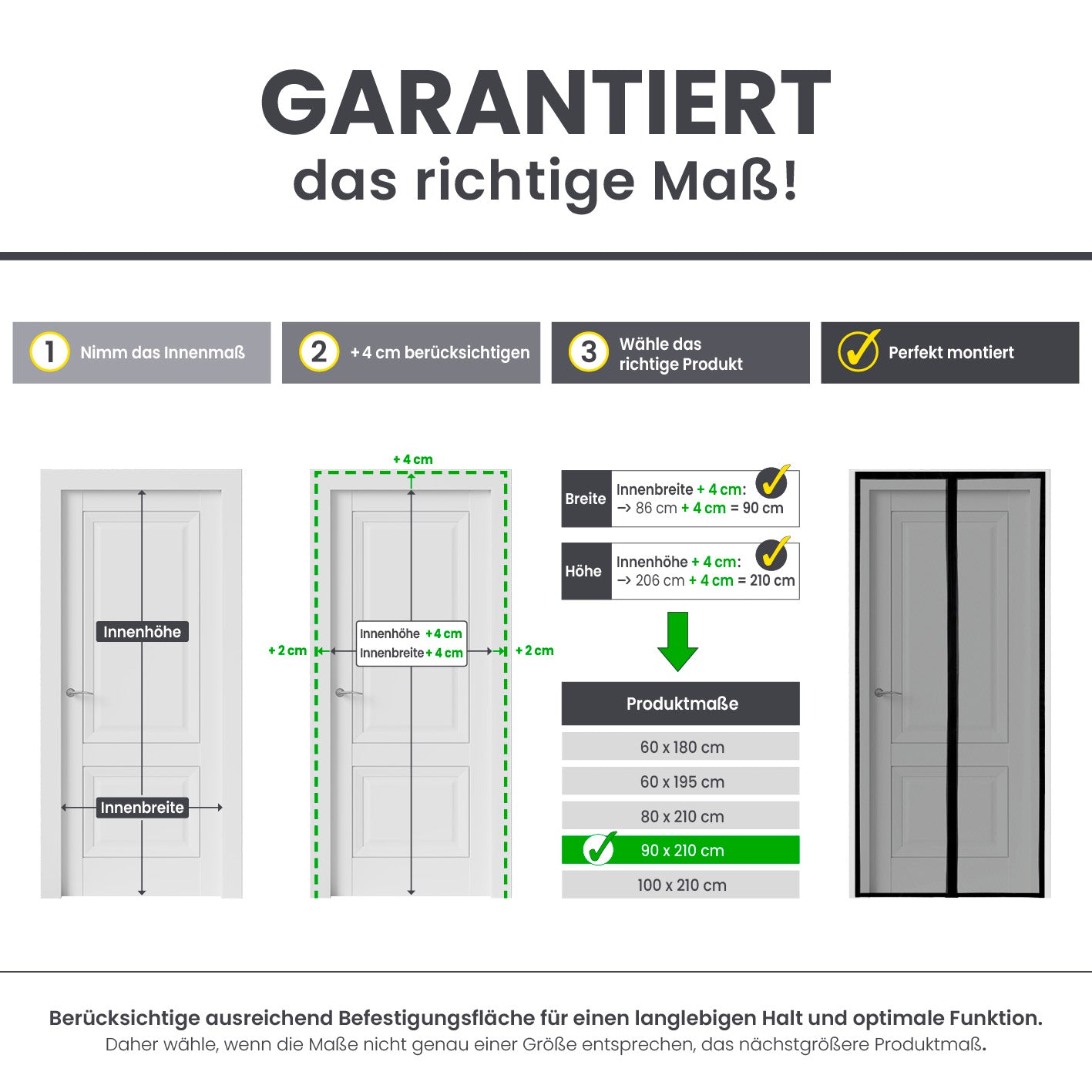 Anleitung zur korrekten Maßwahl für Insektenschutzvorhang mit eingenähten XXL-Magnetbändern - 100 x 210 cm - Schwarz, inklusive Randzugabe.