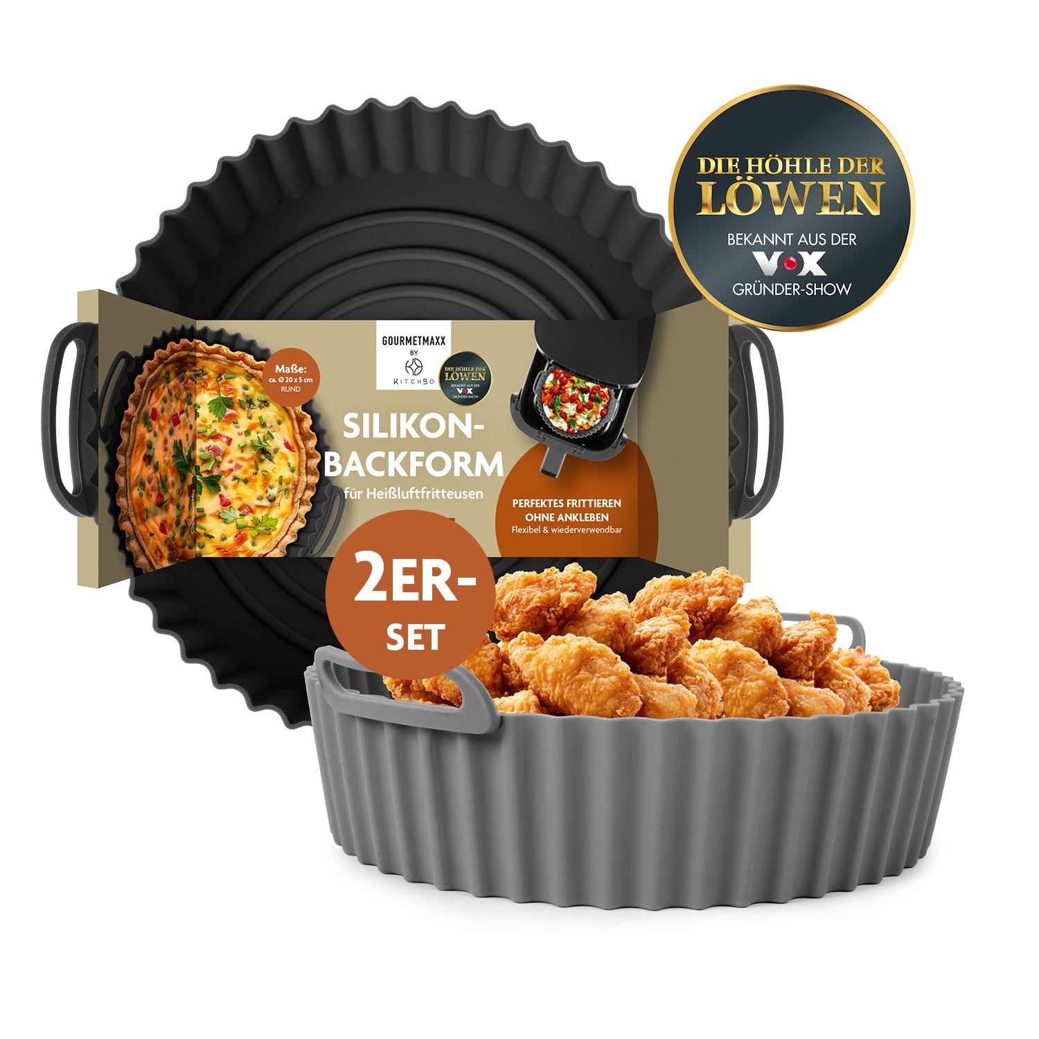 Silikonformfür Heißluft-Fritteusen - Rund - 20x20x6,3cm zum fettarmen Frittieren und einfachen Reinigen in Heißluftfritteusen ab 4 Litern.
