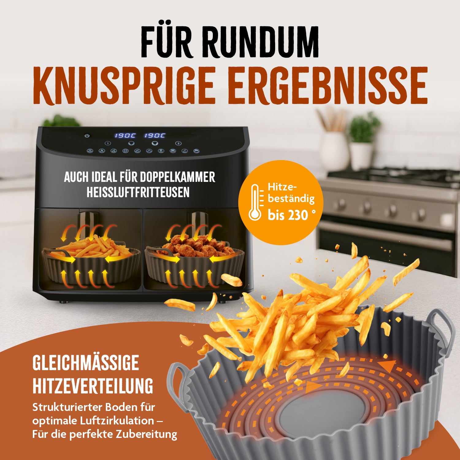 Silikonformfür Heißluft-Fritteusen - Rund - 20x20x6,3cm mit strukturierter Oberfläche für knusprige Pommes und gleichmäßige Hitzeverteilung bis 230 Grad