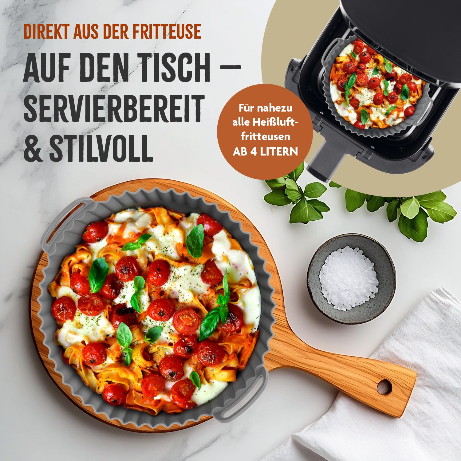 Silikonformfür Heißluft-Fritteusen - Rund - 20x20x6,3cm mit Pizza direkt aus der Heißluft-Fritteuse servierbereit und stilvoll.