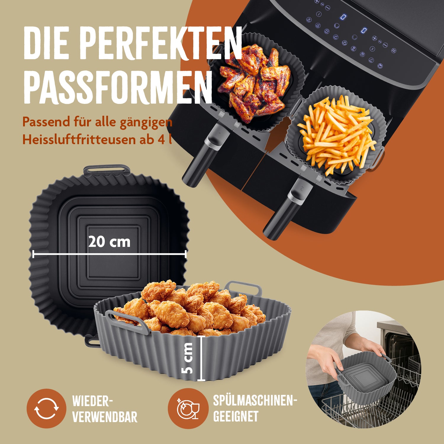 Silikonform für Heißluft-Fritteusen - quadratisch - 20x20x6,3cm, wiederverwendbar und spülmaschinengeeignet für sauberes Garen