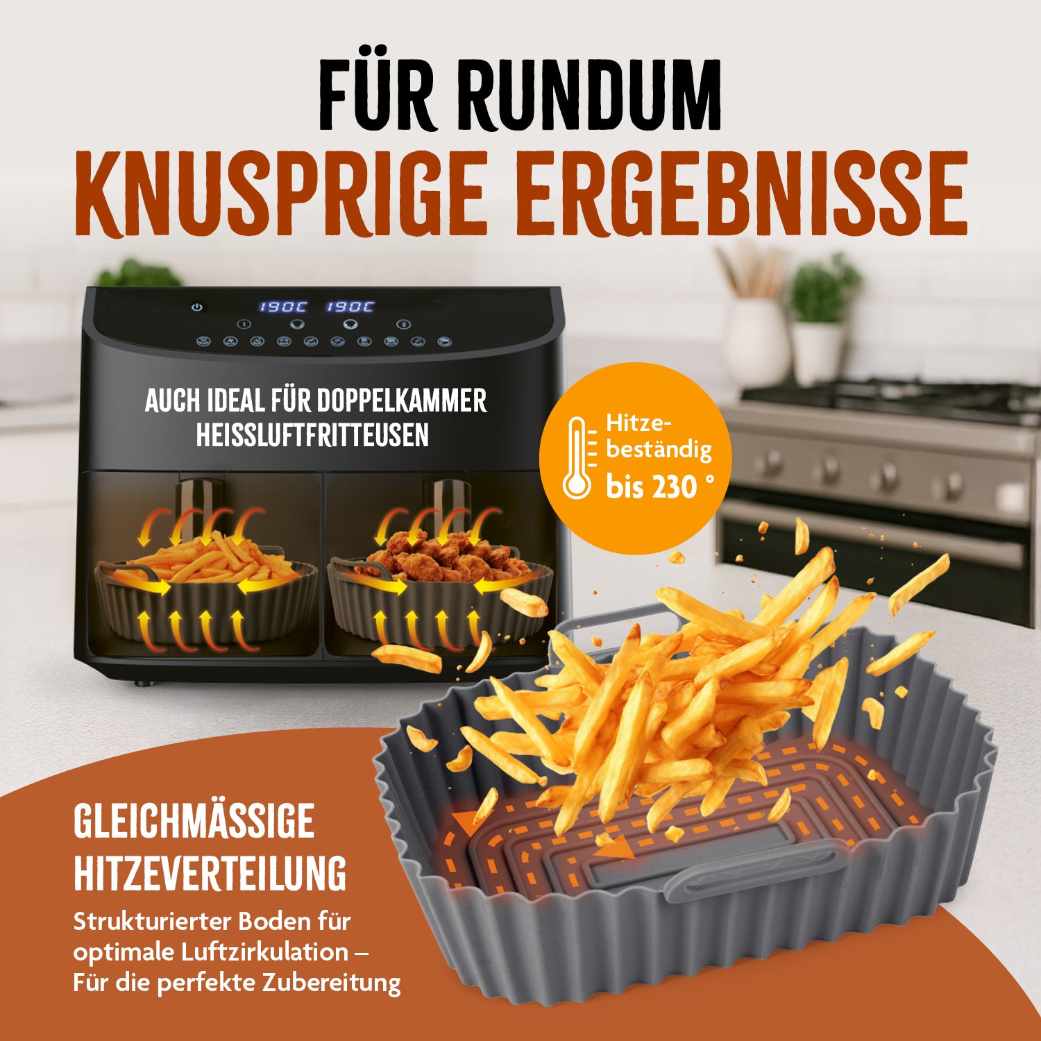 Silikonform für Heißluft-Fritteusen - 20x15x6,3cm mit hitzebeständigem, strukturiertem Boden für knusprige Ergebnisse.