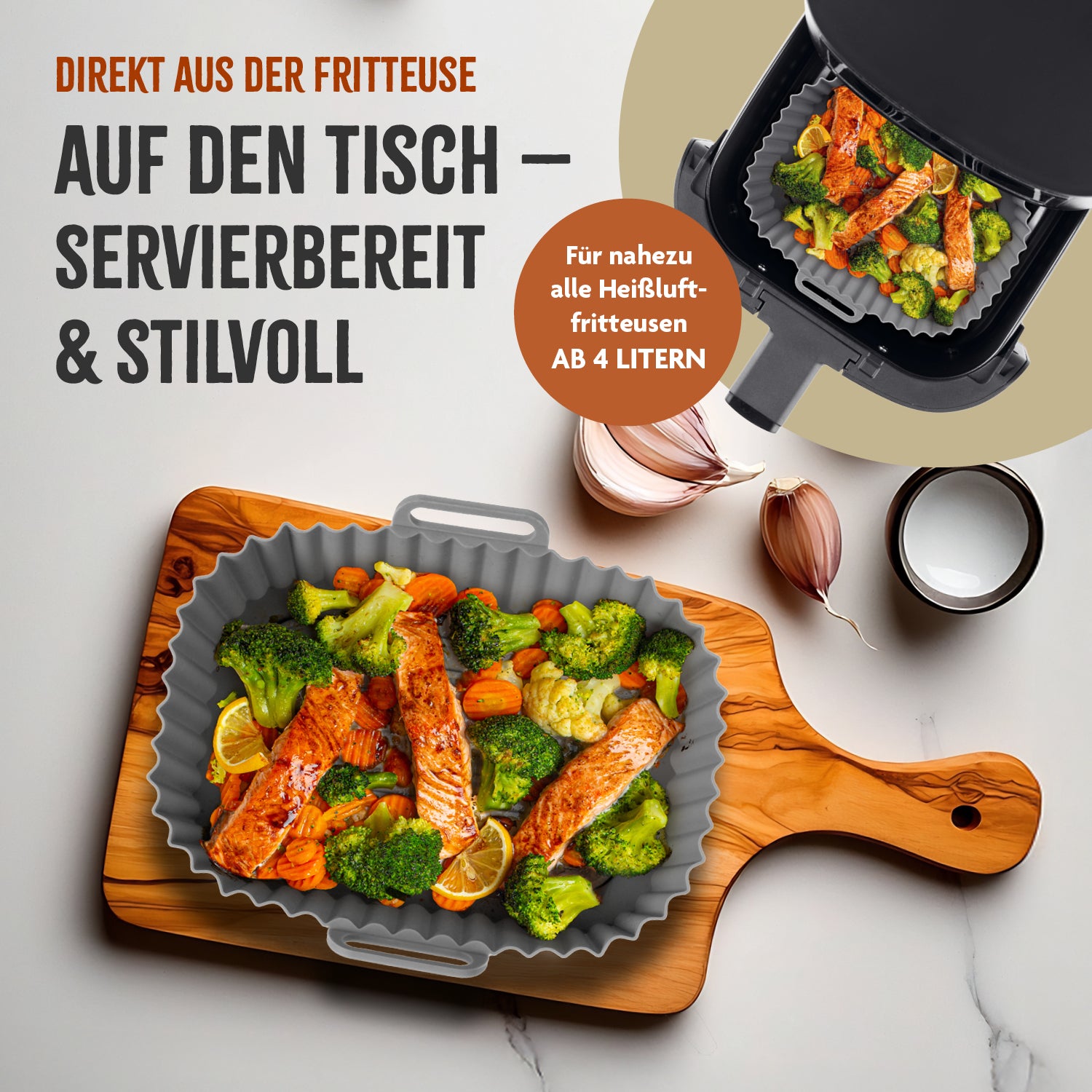 Silikonform für Heißluft-Fritteusen - 20x15x6,3cm mit Lachs und Gemüse als stilvolle Servierlösung direkt aus der Fritteuse.