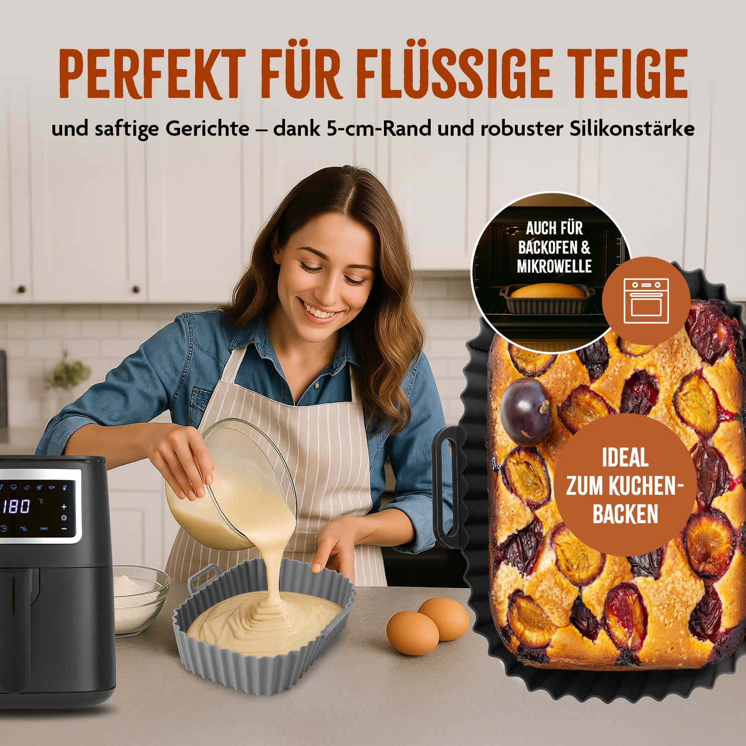 Silikonform für Heißluft-Fritteusen - 20x15x6,3cm, ideal für flüssige Teige und saftige Kuchen im Backofen und Mikrowelle.