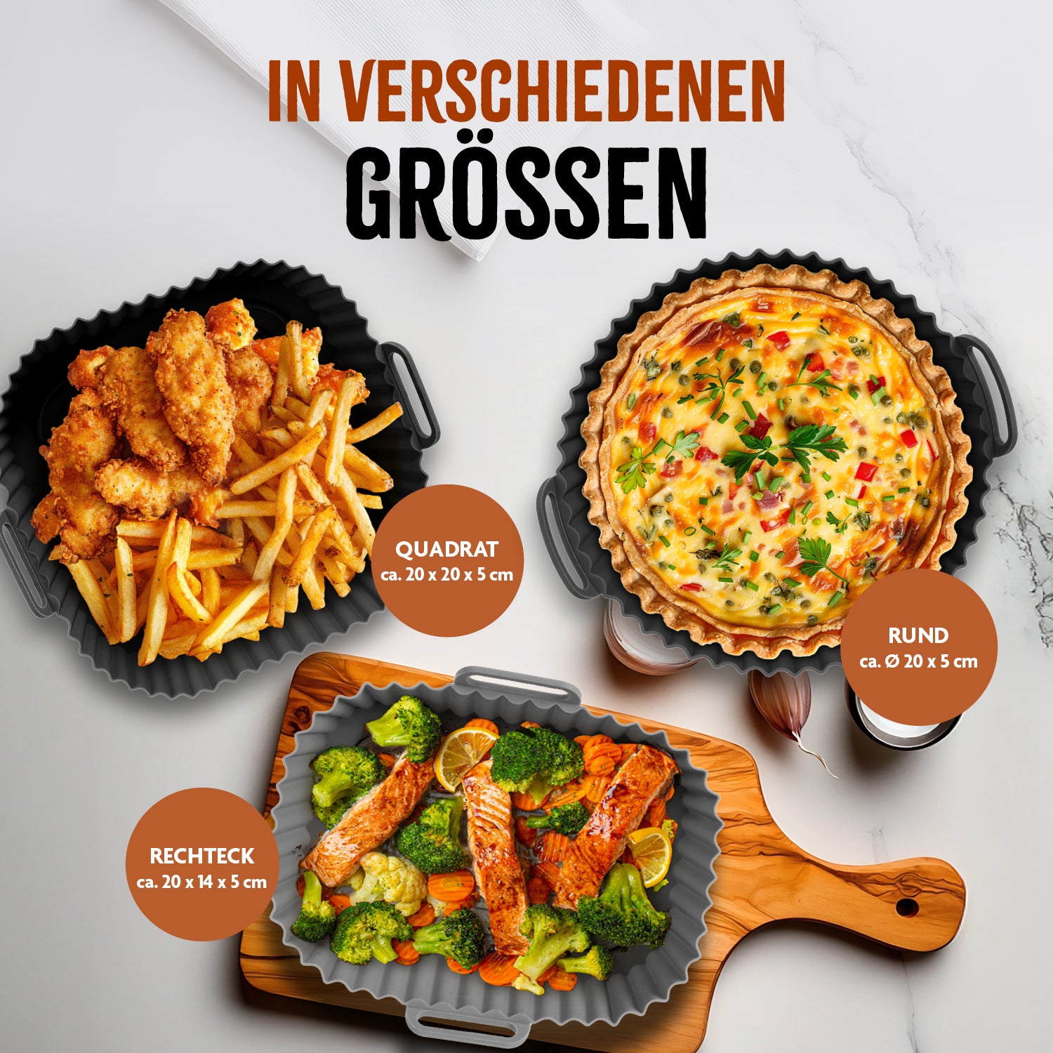 Silikonform für Heißluft-Fritteusen - 20x15x6,3cm in verschiedenen Formen zum schonenden Garen und Servieren von Speisen.