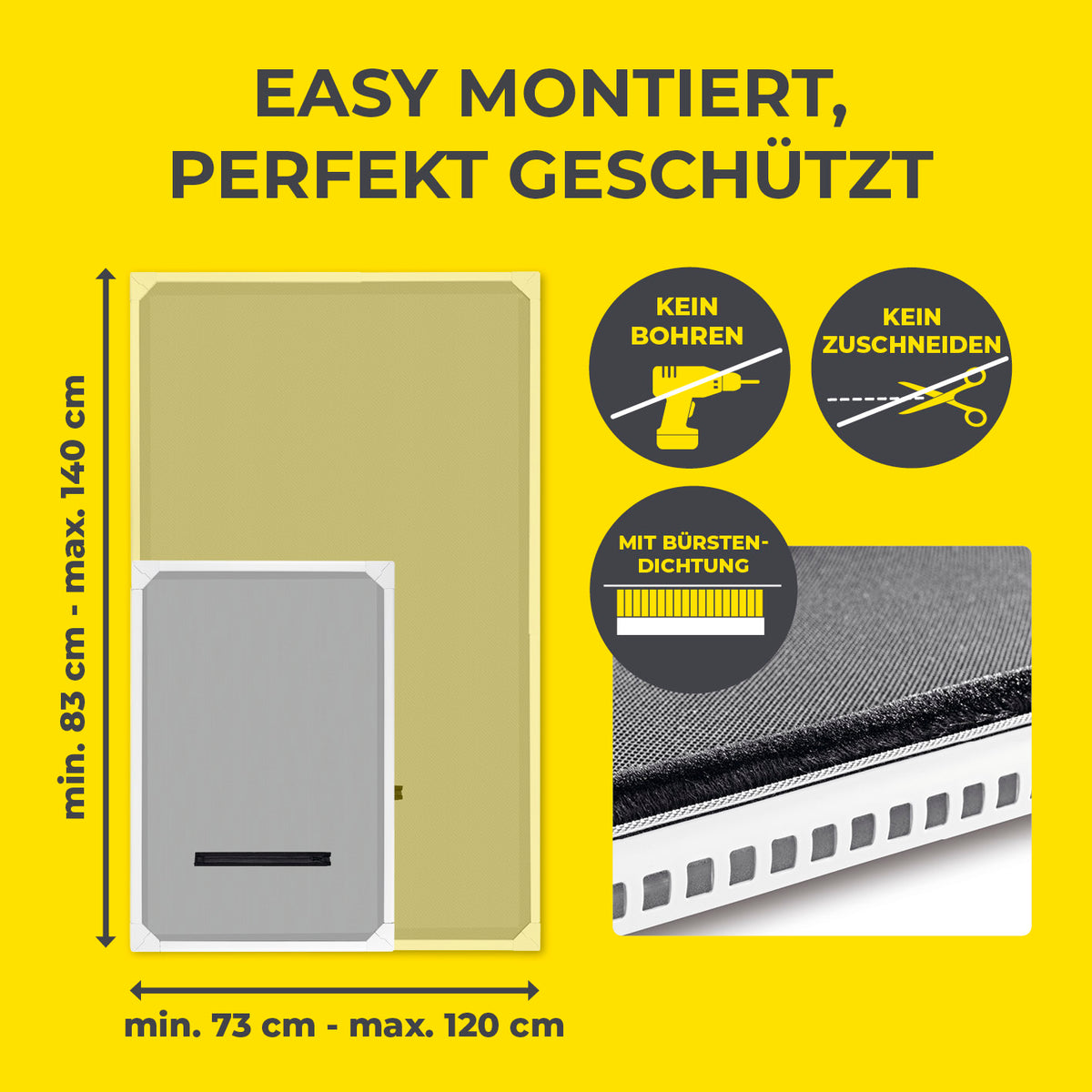 Teleskop-Insektenschutzgitter für Dachfenster - 4er-Set mit Bürstendichtung, Maße 73 bis 120 cm breit, 83 bis 140 cm hoch