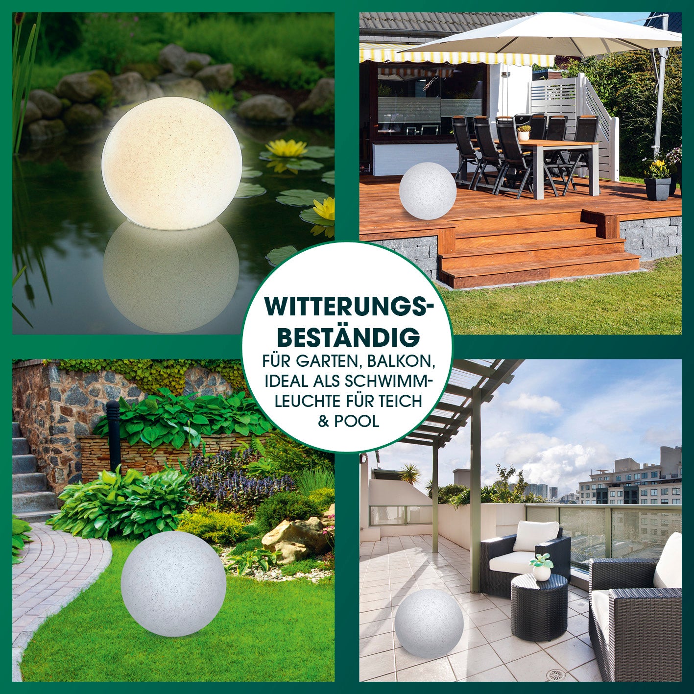 Solar-Dekostein mit Fernbedienung & Farbwechsel, quadratisches Bild 6 zeigt vielseitige Outdoor-Deko in verschiedenen Garten- und Terrassenumgebungen.