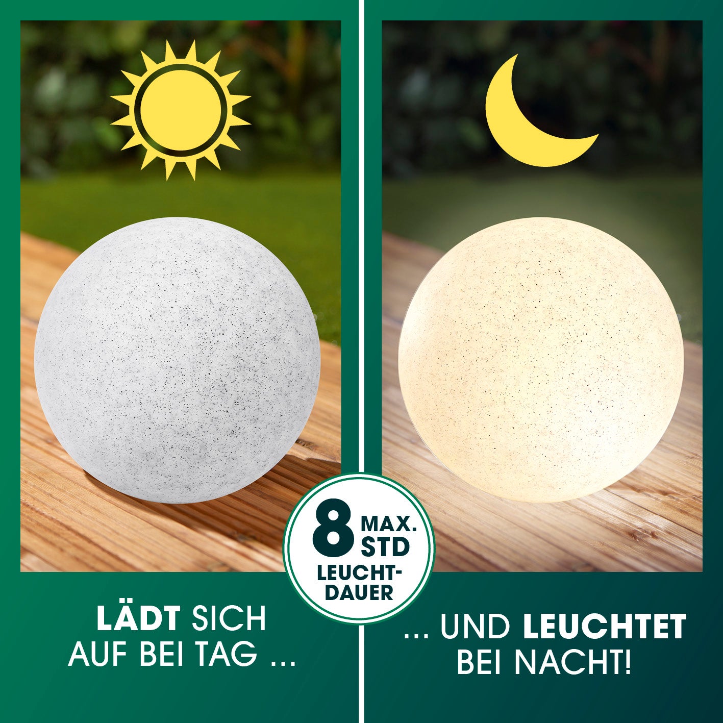 Solar-Dekostein mit Fernbedienung & Farbwechsel - 2er-Set zeigt Tagesaufladung und nächtliche Beleuchtung in quadratischem Format.