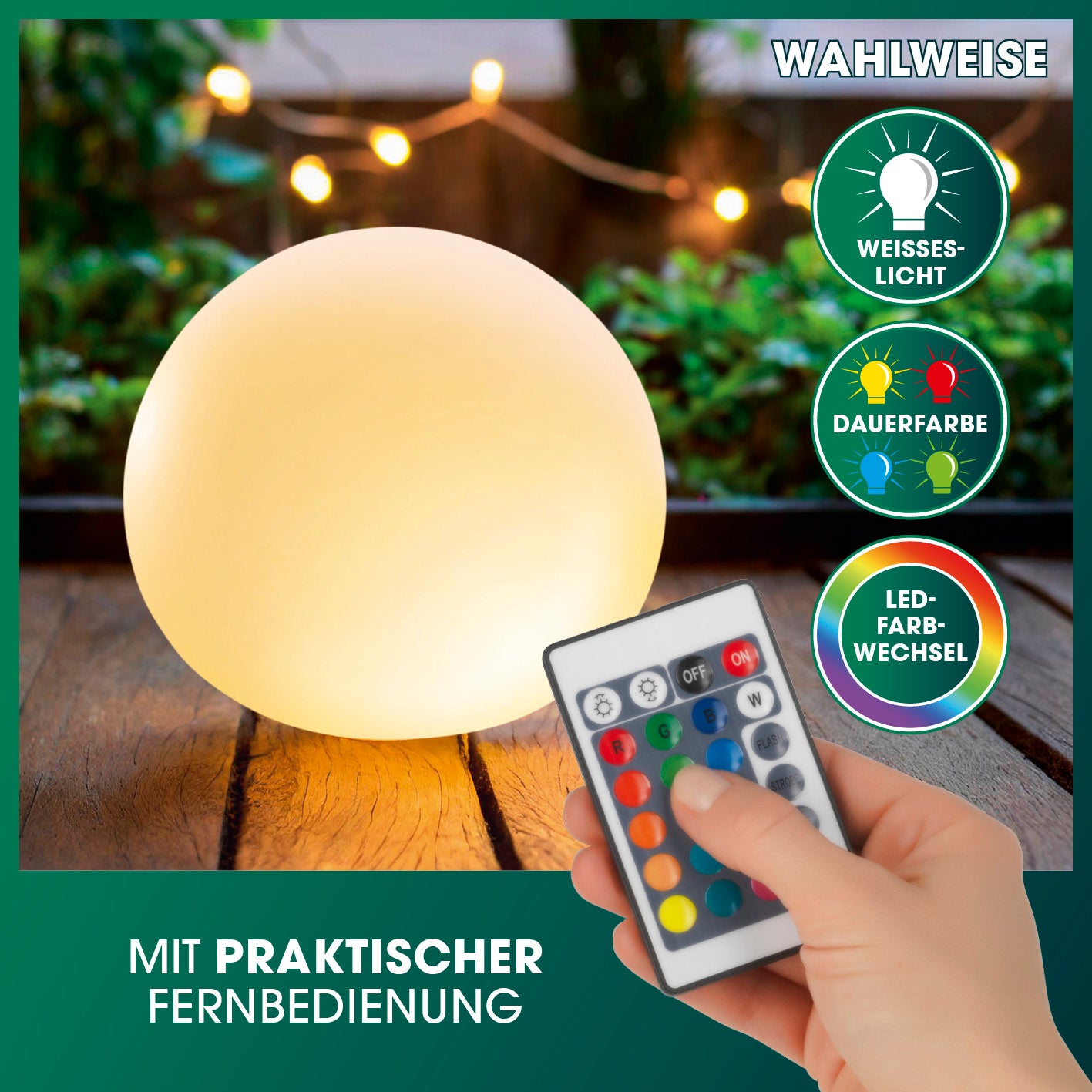 Solarleuchte Kugel - 40 cm in warmweiß, mit Fernbedienung, LED-Farbwechsel, Bild 6 der Produktgalerie, quadratisch 1417x1417 px.