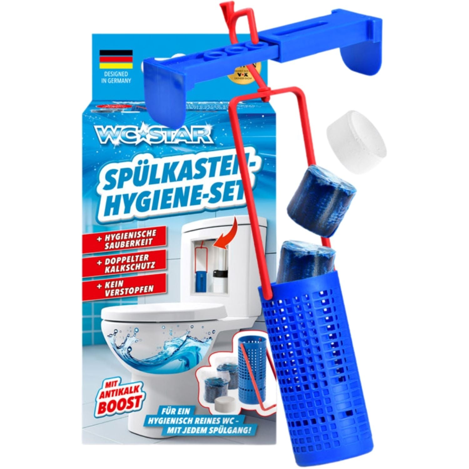 WC-Star Spülkasten-Hygiene-Set mit Einhänger, Hygienesteinen und Antikalk-Tab für langanhaltende Sauberkeit und Frische im WC-System.