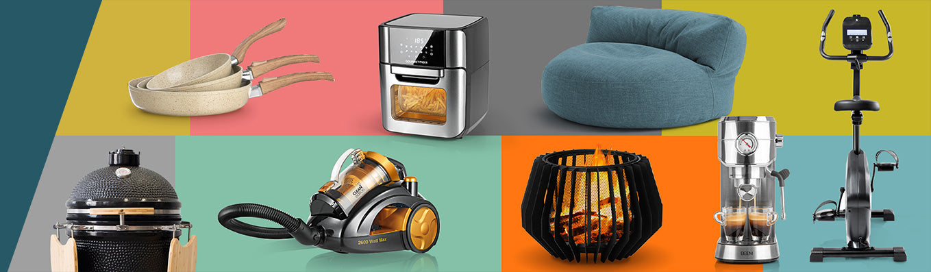 Collage aus Haushalts- und Lifestyle-Produkten: Pfannen, Heißluftfritteuse, Sessel, Fahrradtrainer, Grill u. a.