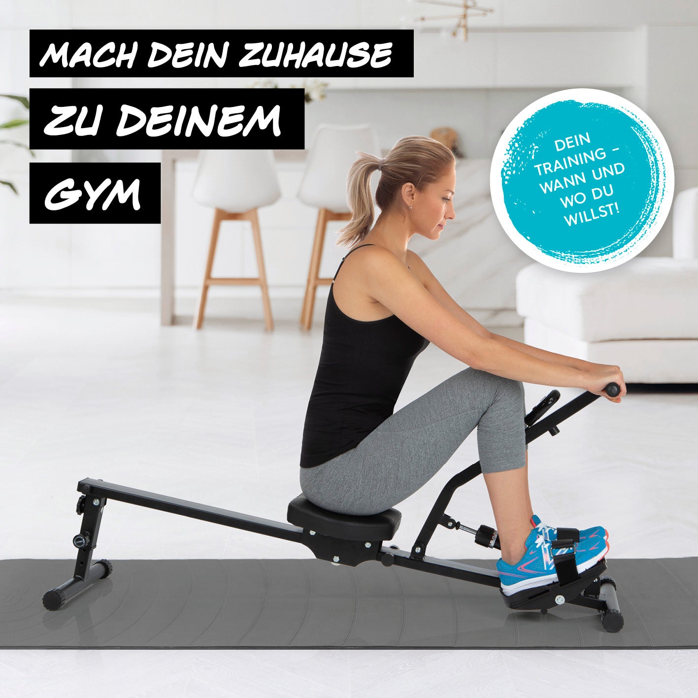 Frau trainiert mit Klapp-Rudergerät von MAXXMEE zuhause, kompakt, leise und mit 12 Widerstandsstufen für effektives Workout.