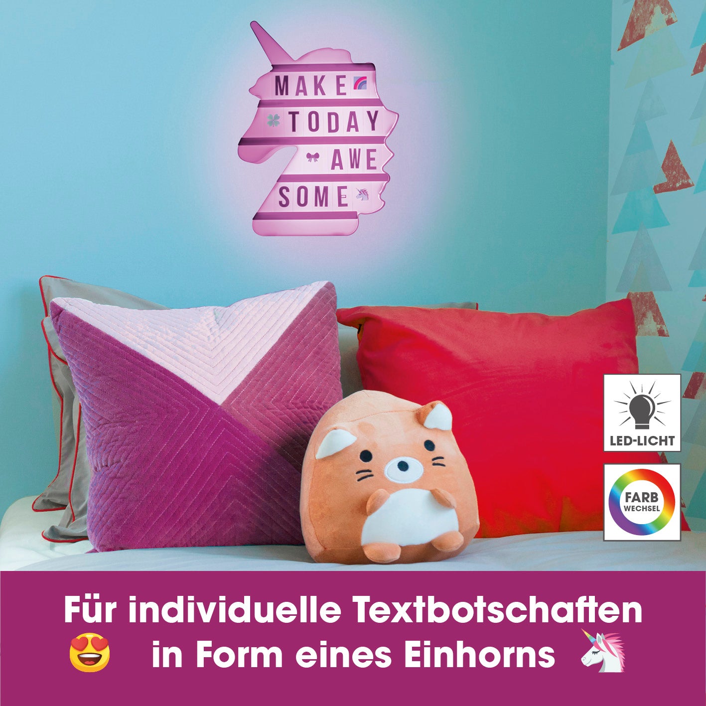 LED-Leuchtkasten Einhorn - 173 Buchstaben & 150 Moodjis