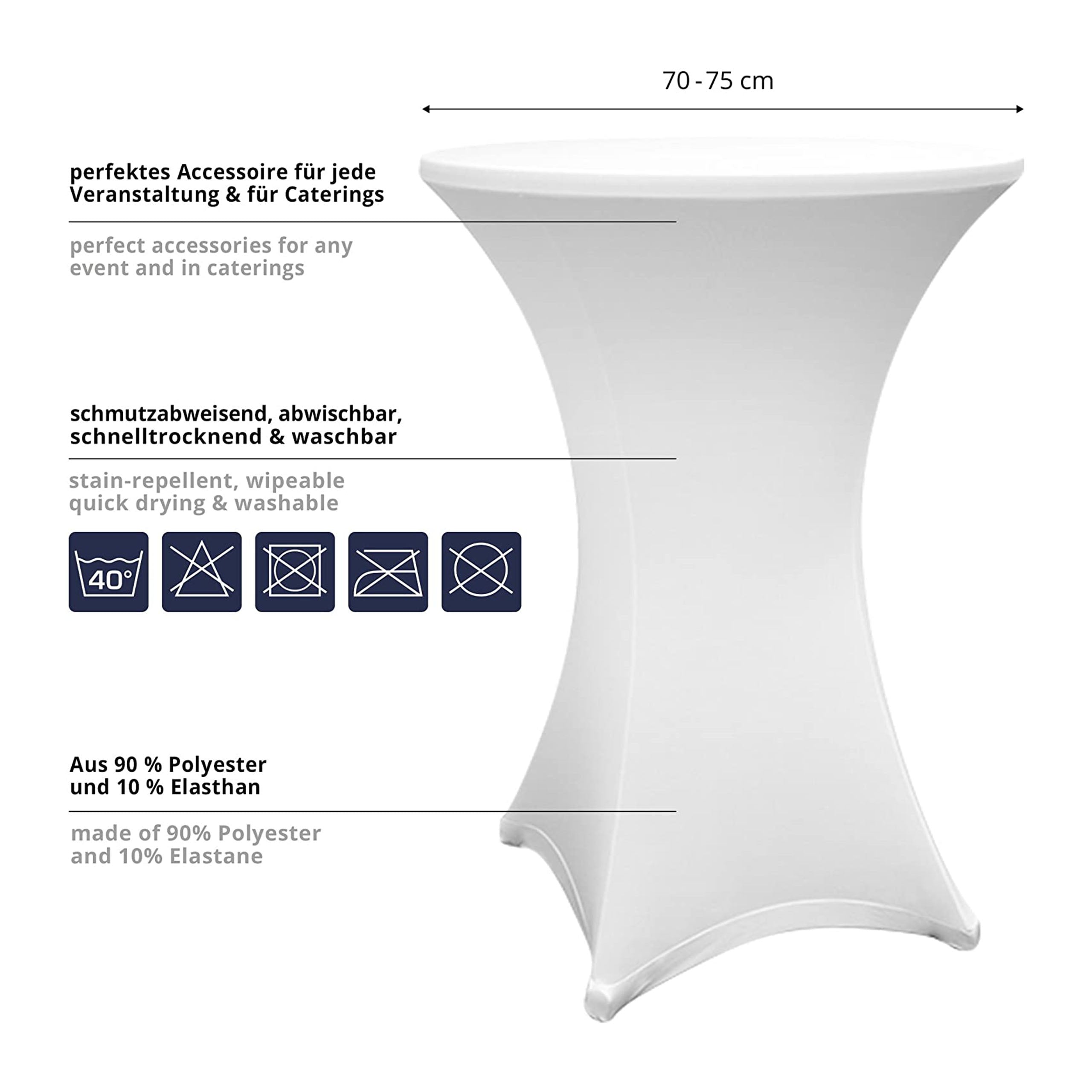 Stehtischhusse - Tisch Bezug - Husse Ø 70-75 cm Weiß, schmutzabweisend, abwischbar, waschbar, perfekte Passform für Stehtische.