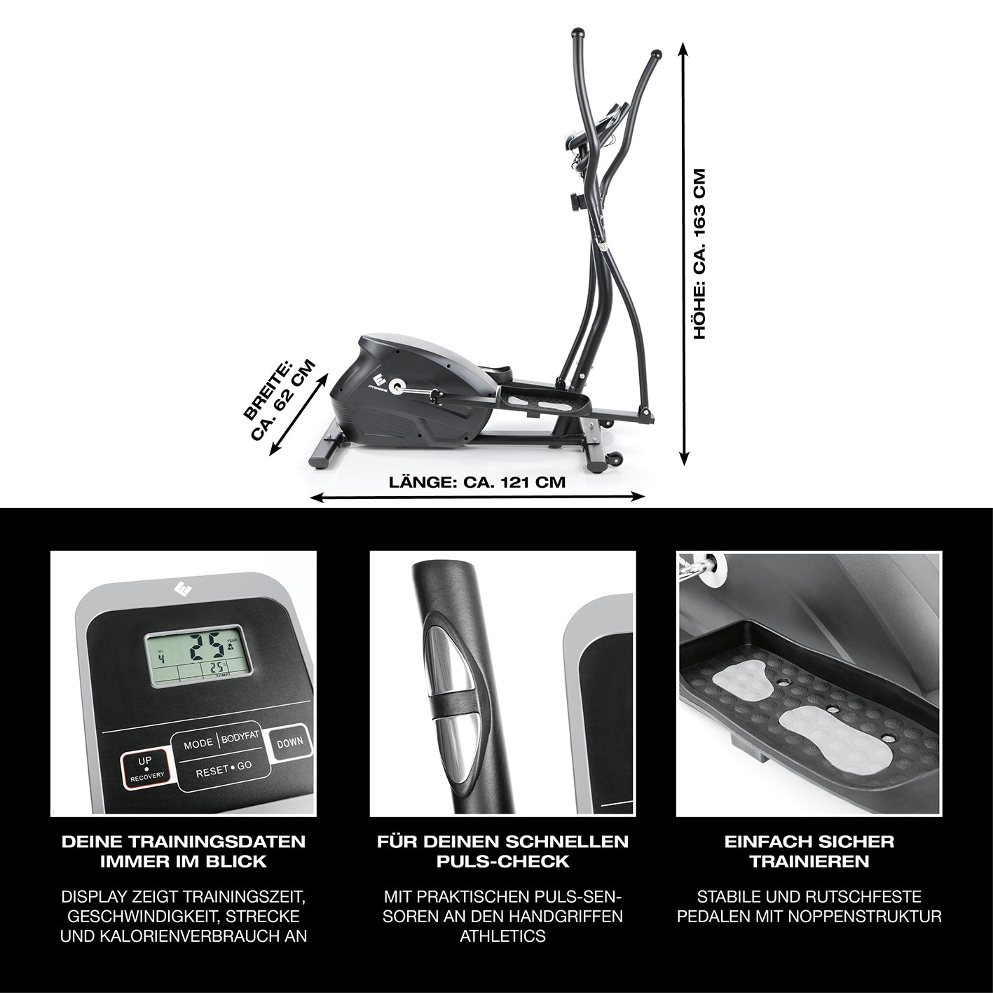 Crosstrainer - belastbar bis 150 kg mit 10 Schwierigkeitsstufen, Pulssensoren, großem Display und rutschfesten Pedalen.