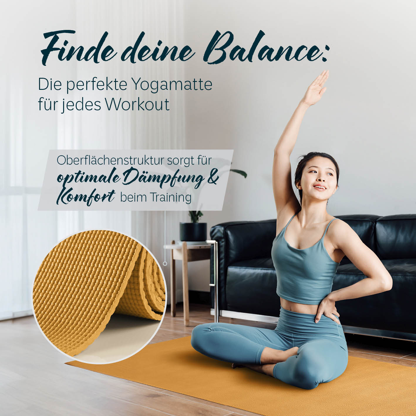 Yogamatte Kirana - 183 x 61 x 0,4 cm - Curry mit weicher Oberfläche für optimale Dämpfung und Komfort beim Training.