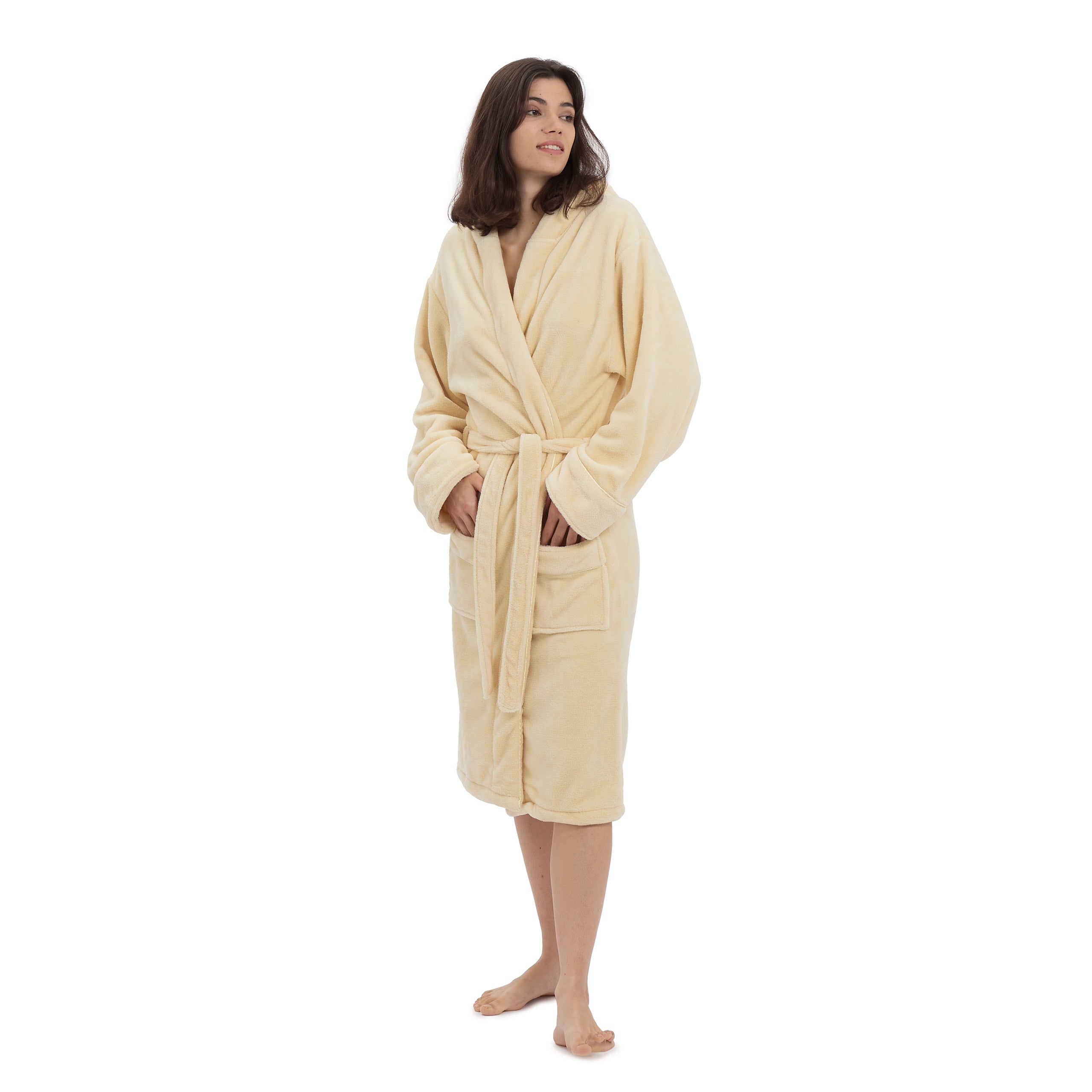 Luxury Mikrofaser Bademantel mit Kapuze für Damen und Herren in Creme, Größe S, weich, wärmend und schnelltrocknend.