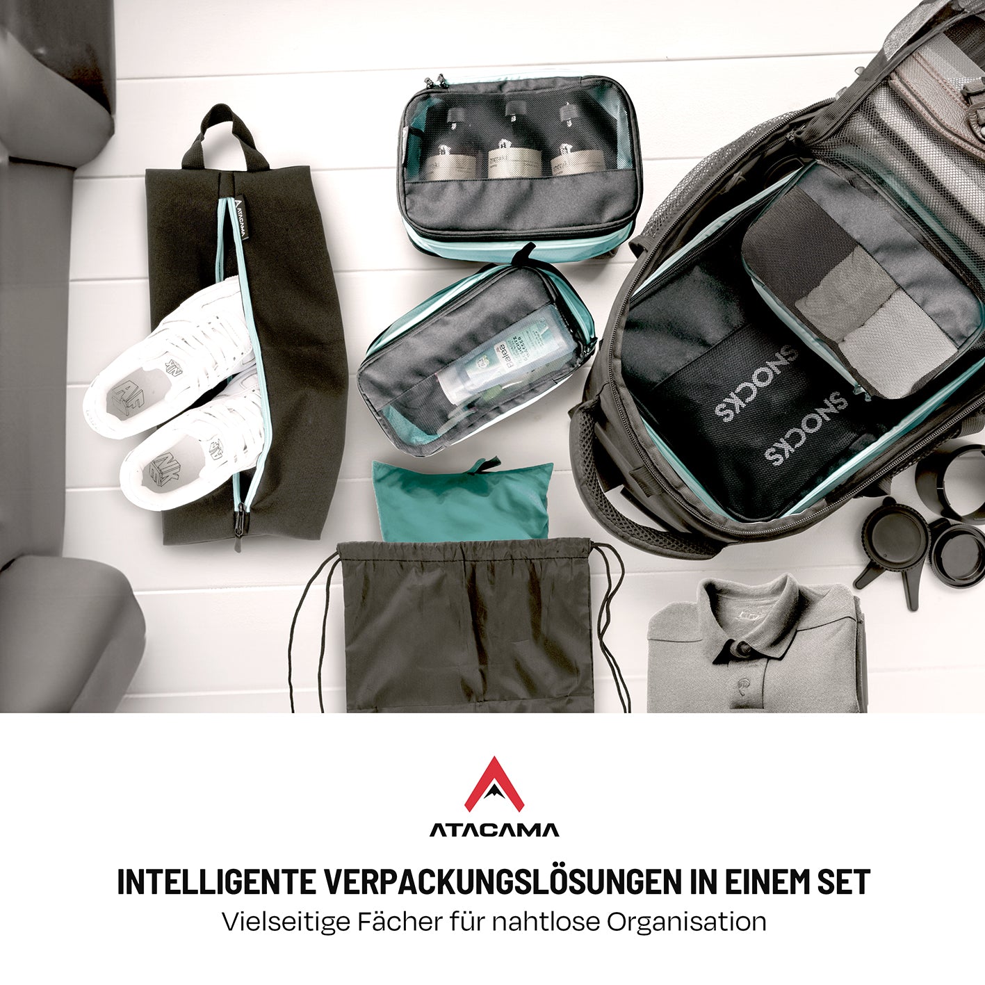 Packtaschen mit Kompression - 6er-Set - Schwarz mit verschiedenen Fächern für optimale Organisation und Kompression im Reisegepäck.