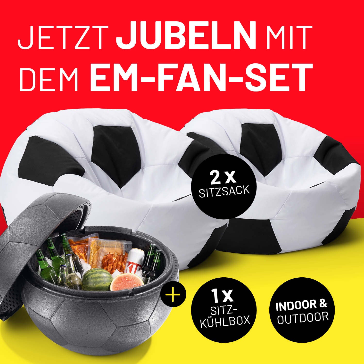 EM 2024 Fan-Lounge 2 + 1 mit 2 XXL-Fußball-Sitzsäcken und Fußball-Kühlbox, ideal für Indoor & Outdoor EM-Feiern.