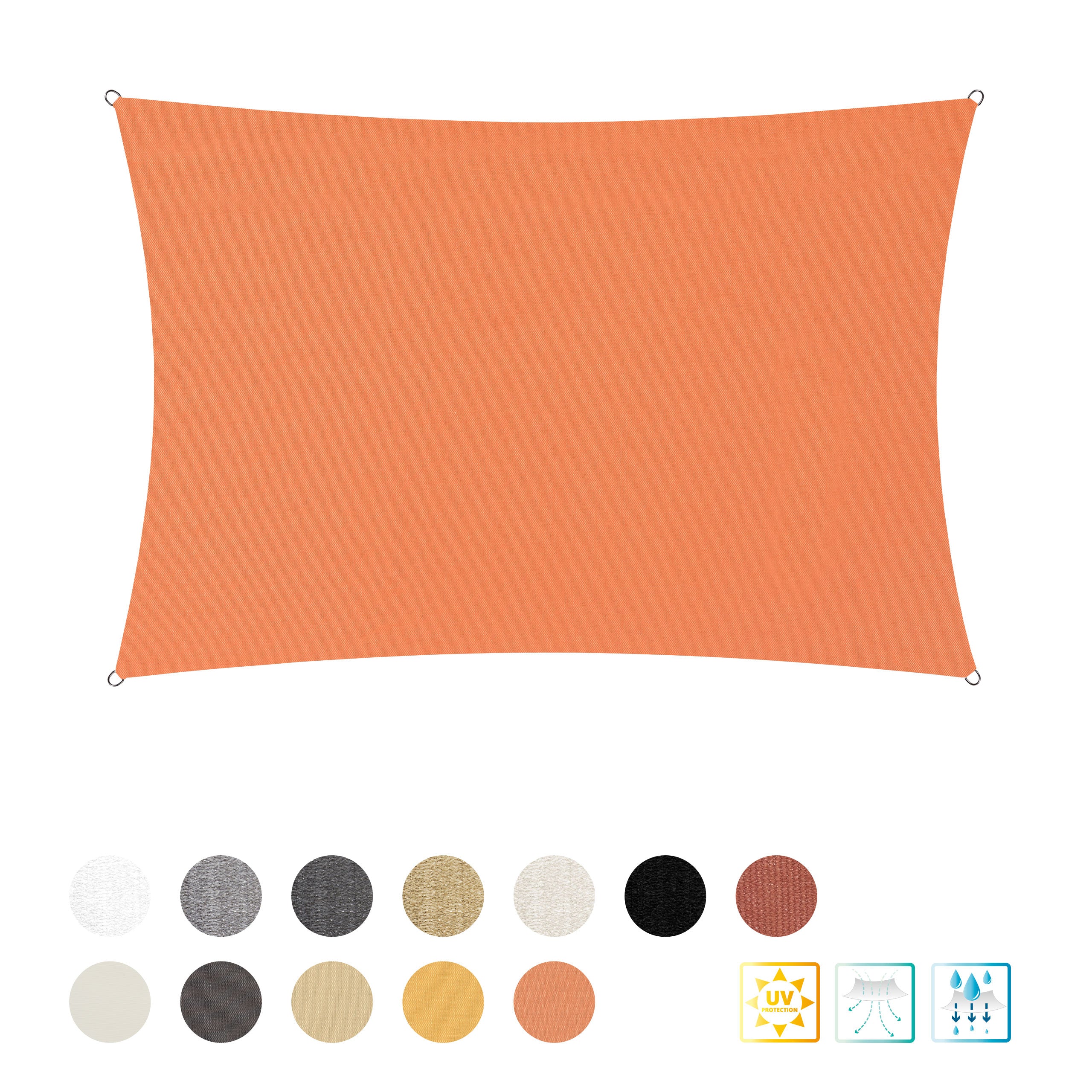 Sonnensegel Polyester - Rechteck 3 x 4 Meter - Orange, robust, UV-Schutz 30+, mit Edelstahlringen und Befestigungsseilen.