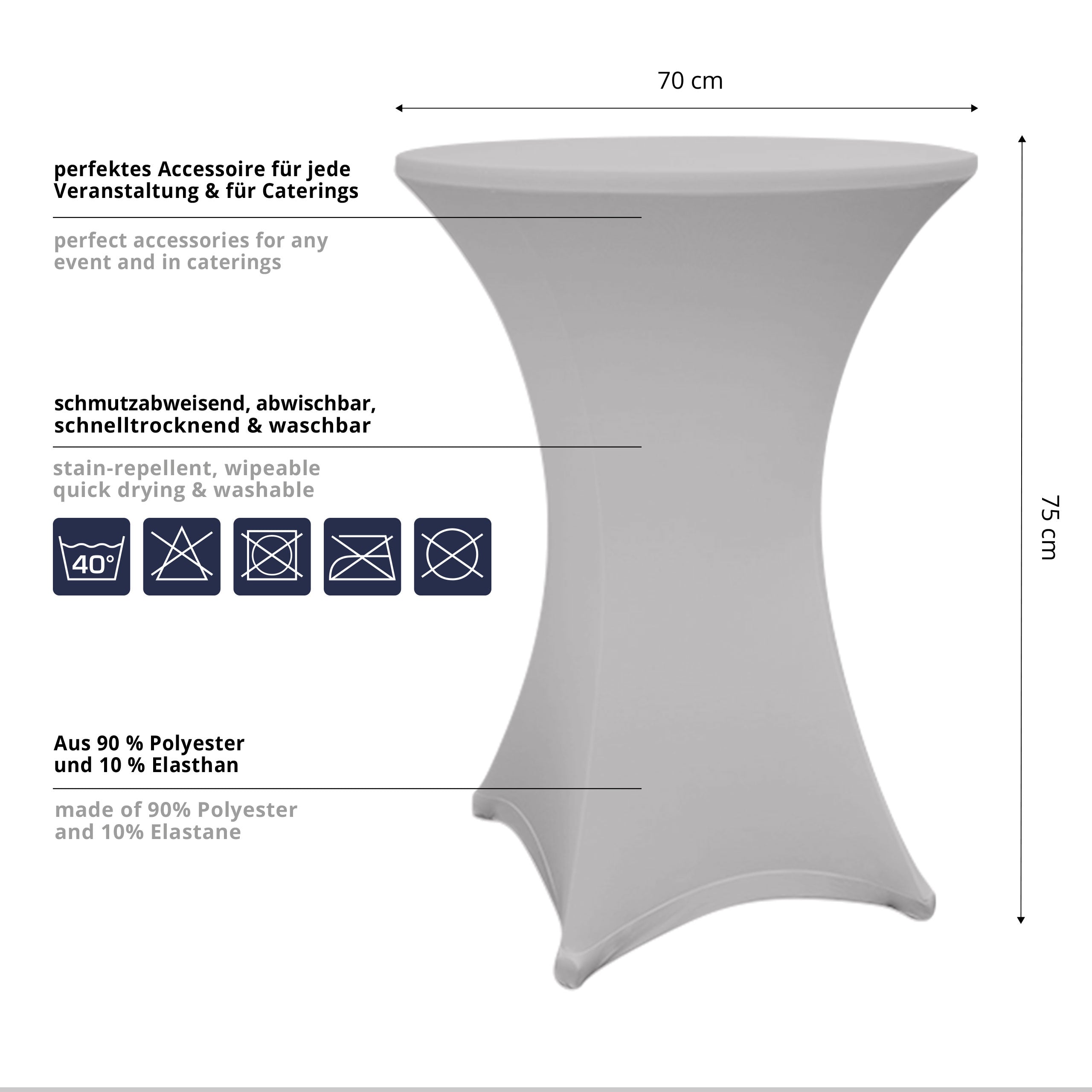 Stehtischhusse - Tisch Bezug - Husse Ø 70-75 cm Silbergrau, schmutzabweisend, waschbar, elastisch, perfekt für Veranstaltungen und Caterings.