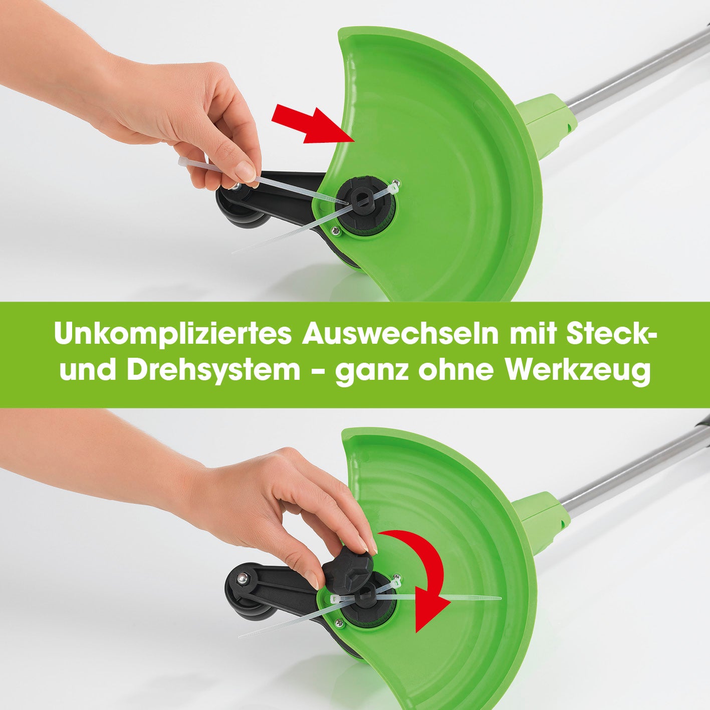 Akku-Rasentrimmer zeigt einfaches Auswechseln des Trimmfadens mit Steck- und Drehsystem ohne Werkzeug.