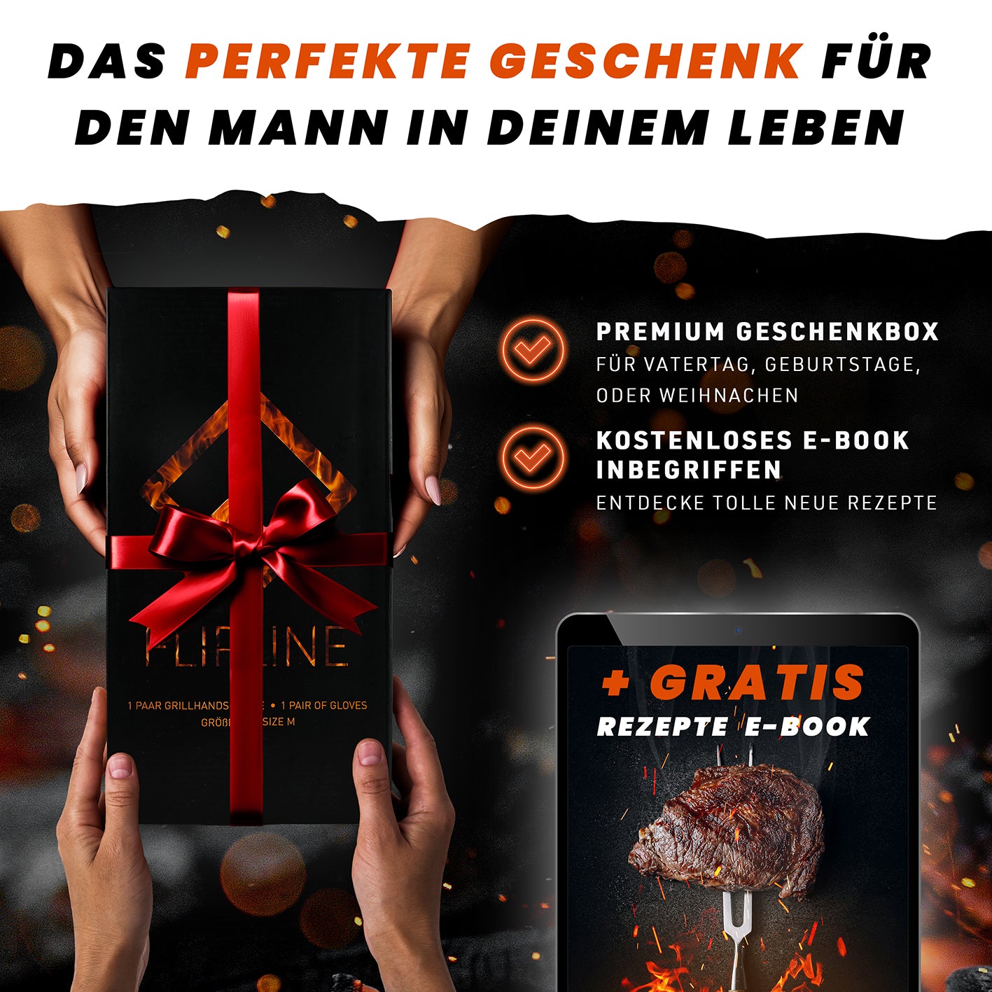 Grillhandschuhe - Größe M in Geschenkbox mit roter Schleife, hitzebeständig und komfortabel für sicheres Grillen.