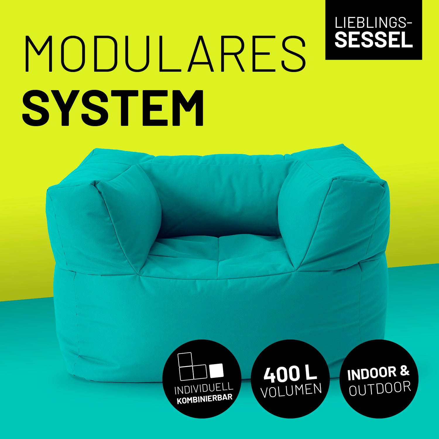 Sitzsack-Sofa Sessel (400 L) - Modulares, extrastarkes Indoor & Outdoor Sitzmöbel in Türkis, individuell kombinierbar.