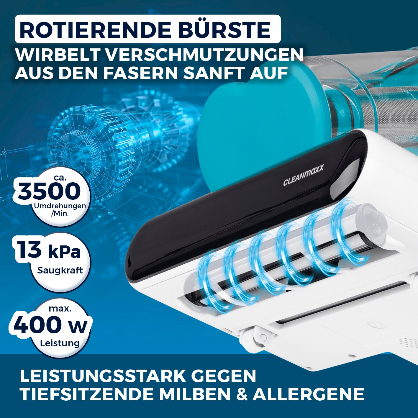 Milbensauger Rotation - blau/weiß mit rotierender Bürste, 3500 U/min, 13 kPa Saugleistung gegen Milben und Allergene.