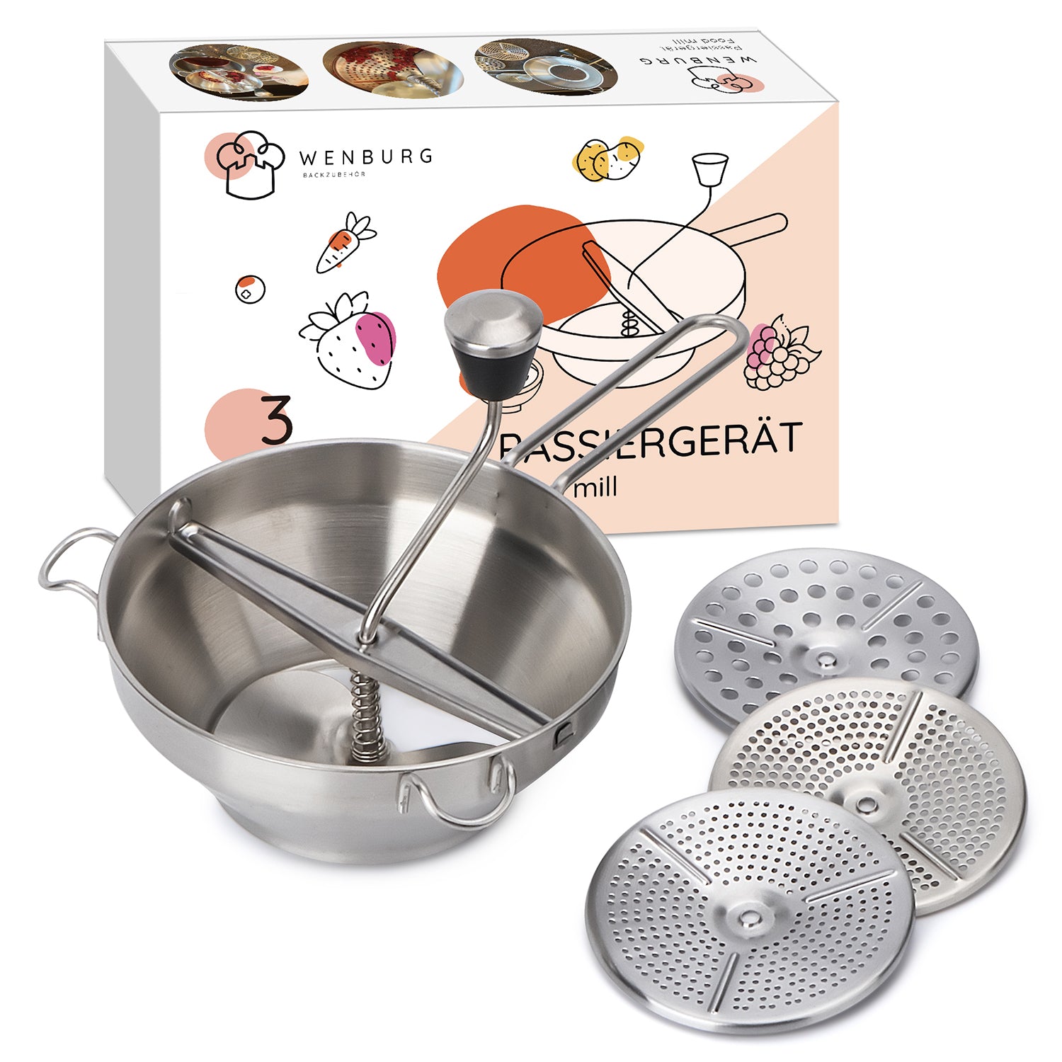 Edelstahl-Passiergerät inkl. 3 Siebeinlagen 19,5 cm, rostfrei, mit kurbelbetriebener Passierscheibe und flexiblem Einsatzzubehör.