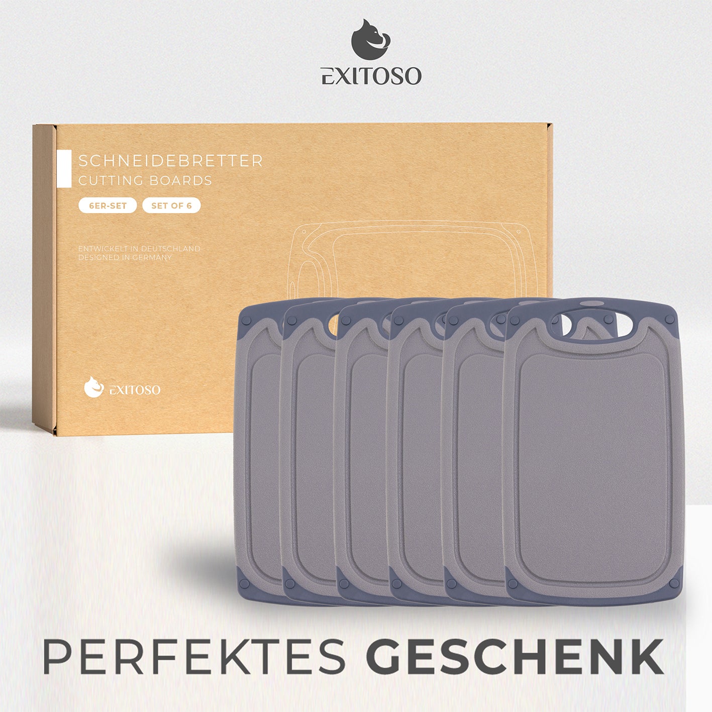 Frühstücksbrettchen - 6er-Set - Grau, rutschfest, BPA-frei, spülmaschinengeeignet, vielseitig, modernes Design mit Griff zum Aufhängen.