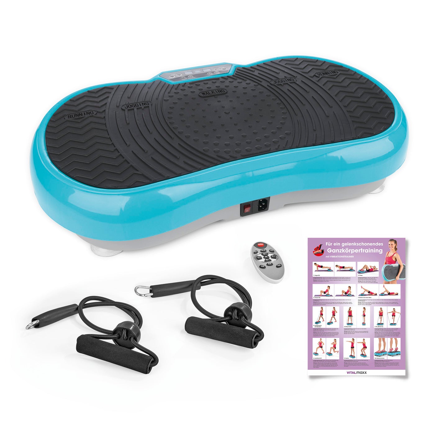 Vibrationstrainer - 4-tlg. - türkis mit Fernbedienung, Übungsbändern, Trainingsposter und rutschfester Oberfläche für Ganzkörpertraining.