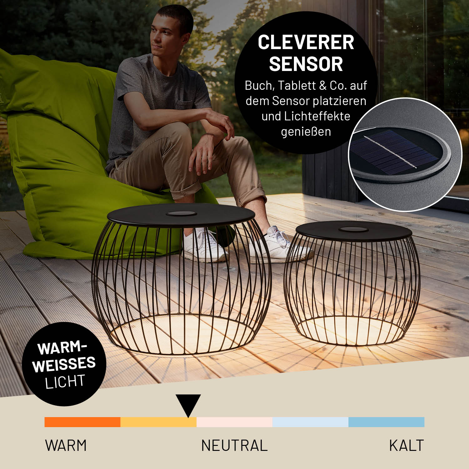 Beistelltisch - 2er-Set mit warm-weißem LED-Licht, solarbetrieben, cleverem Sensor, ideal für Indoor und Outdoor Nutzung.