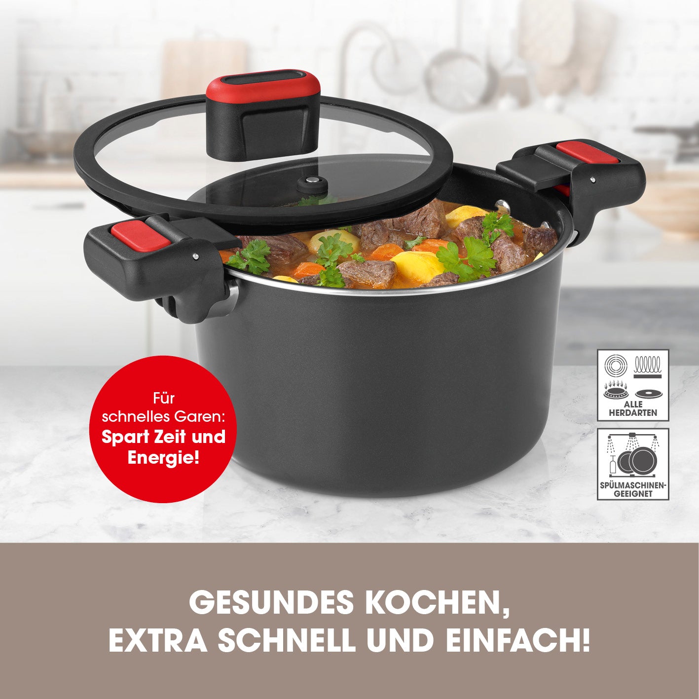 Energiespartopf Aluminium 5,8l schwarz/rot mit Antihaftbeschichtung, hitzeschnellem Thermoboden und hitzebeständigen Griffen.