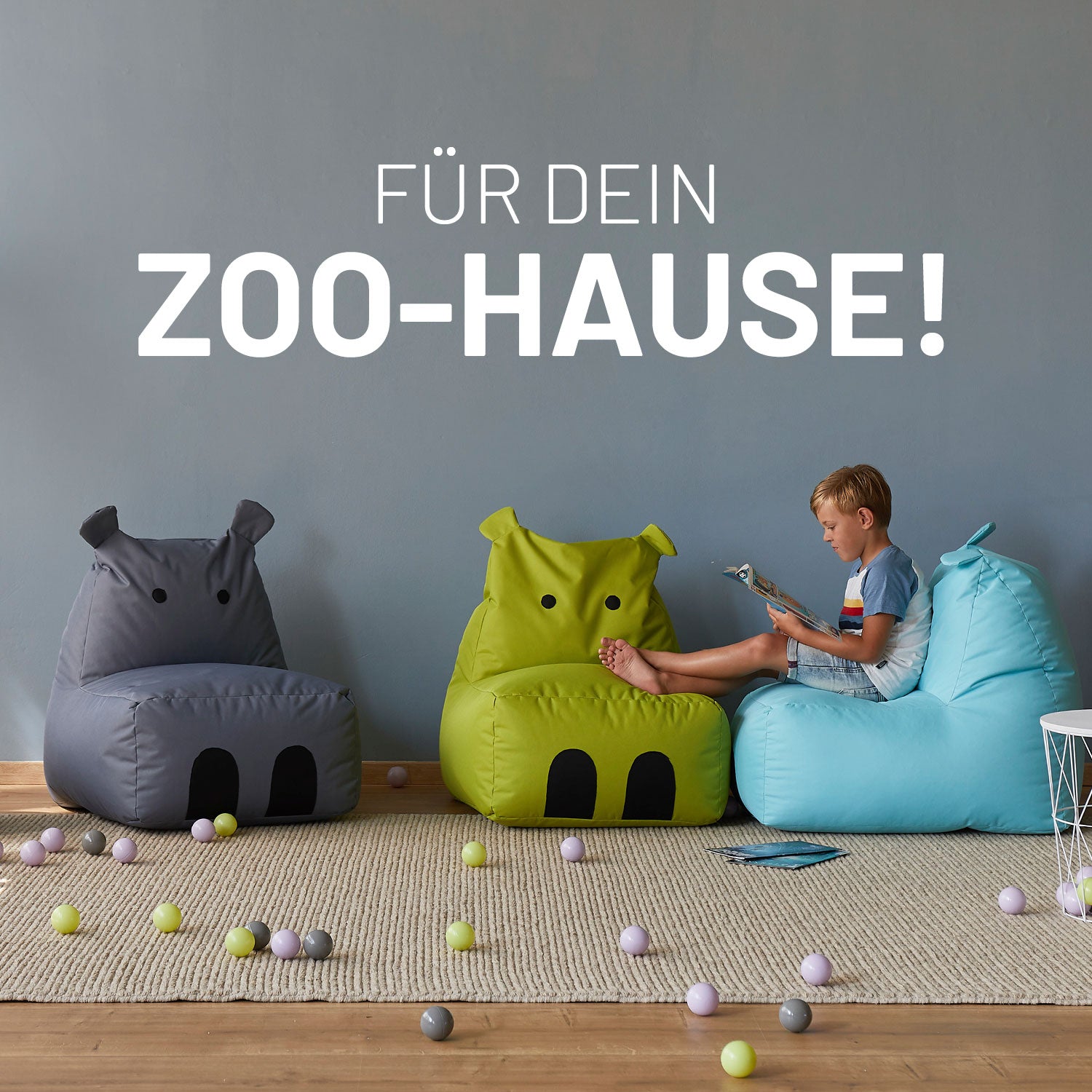 Kindersitzsack Animal Line Hippo (200 L) in Senfgelb, wasserabweisend, kuschelig und robust für drinnen & draußen.