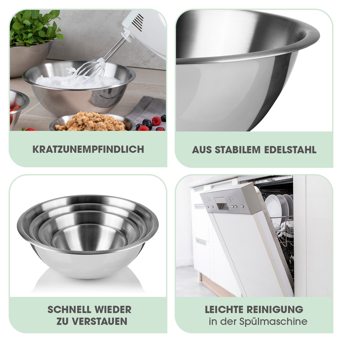 Edelstahl-Schüsseln rund - Edelstahl, stabile, stapelbare Schüsseln zum Zubereiten, Servieren und spülmaschinengeeignet.