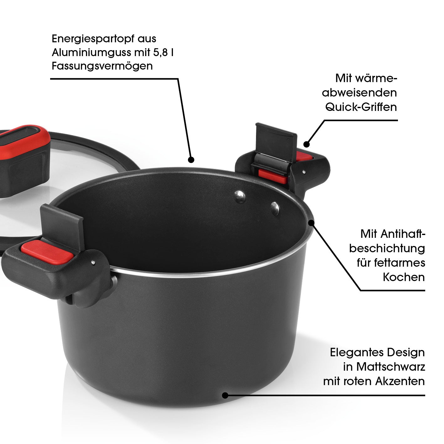 Energiespartopf Aluminium 5,8l - schwarz/rot mit Antihaftbeschichtung, wärmeabweisenden Quick-Griffen und energiesparendem Thermoboden.